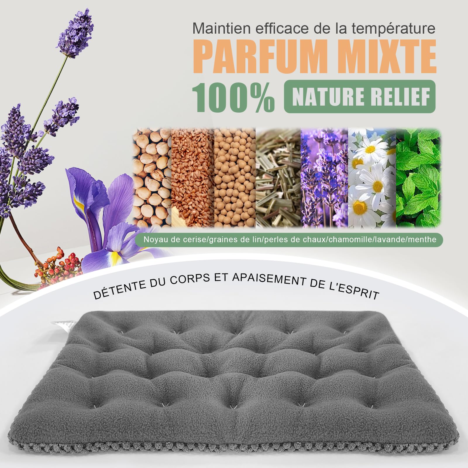 uncn Coussin Chauffant Micro Onde, Bouillotte Micro-onde, Graine de Lin,Noyaux Cerises,Grande Poche Chauffante Nuque Epaule et Dos,Cervicales,Ventre Lavande,Chaleur Humide pour Compresse 38*23cm 970g
