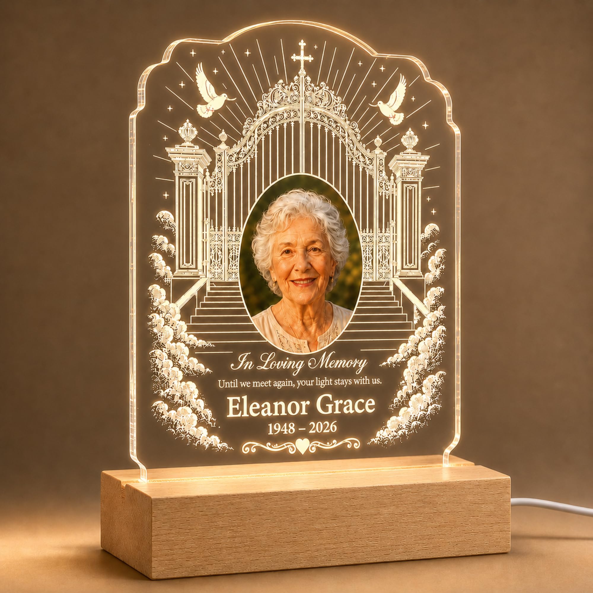 EternalEcho Personalised Gates of Heaven Memorial Night Light with Photo, Name and Dates, Custom Acrylic LED Remembrance Lamp, Sympathy Gift for Loss of a Loved One