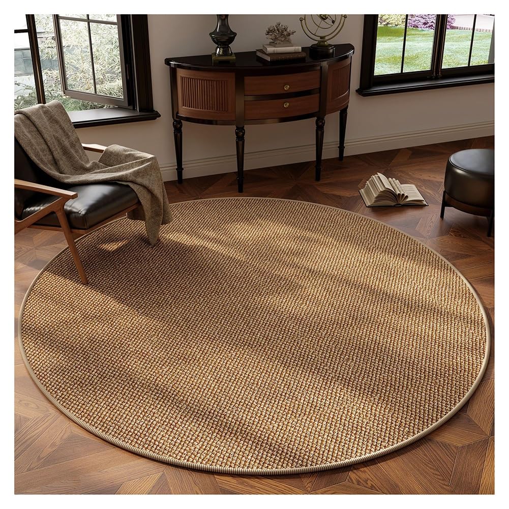 Tapis rond en sisal facile à nettoyer et lavable pour intérieur et extérieur - Pour salon, terrasse, cuisine - 60 à 200 cm - Camel - 140 x 140 cm