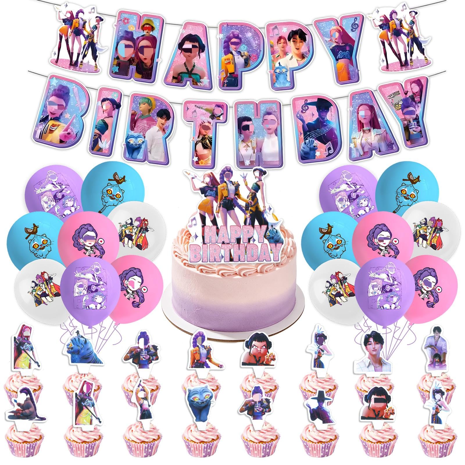 42PCS Demon Party Decorations, Kpop Theme Birthday Decorations With Banner Latex Balloons Cake Topper Cupcake Toppers, Birthday Party Supplies for Kids Boys And Girls