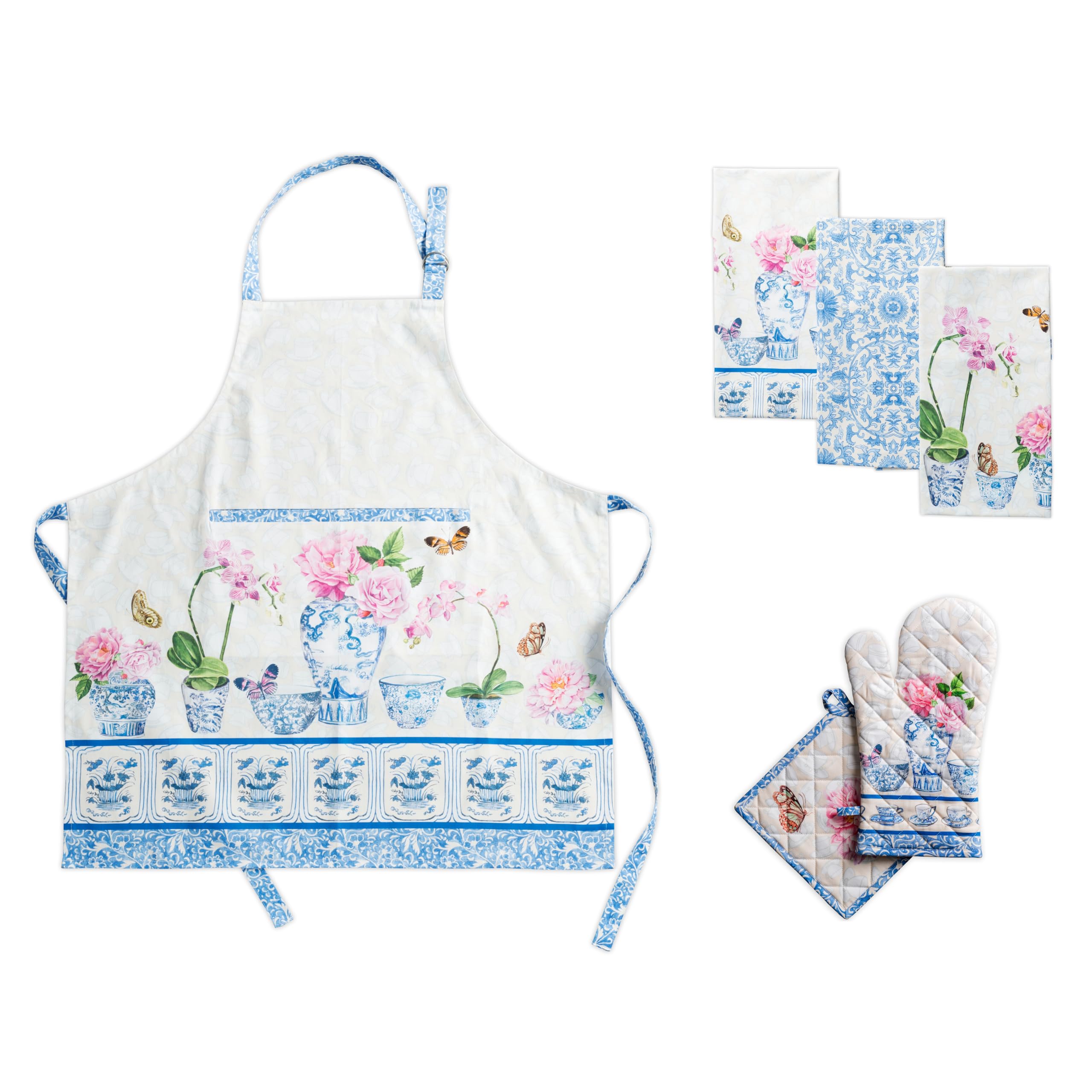 Maison d' Hermine Canton Bundle Set 100% Cotton Apron (27.50 Inch by 31.50 Inch) Set of 3 Kitchen Towels (20 Inch by 27.5 Inch) and Oven Mitt (7.5 Inch by 13 Inch)/Pot Holder (8 Inch by 8 Inch)