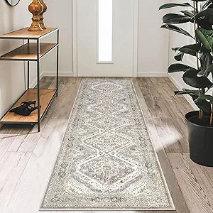KUTA Oriental Washable Runner Rug, 2x7 Non-Slip Vintage Ivory Grey Yellow Hallway Kitchen Runners Soft Printed Distressed Tribal Farmhouse Floor Carpet Rugs for Laundry Bedroom Living Room