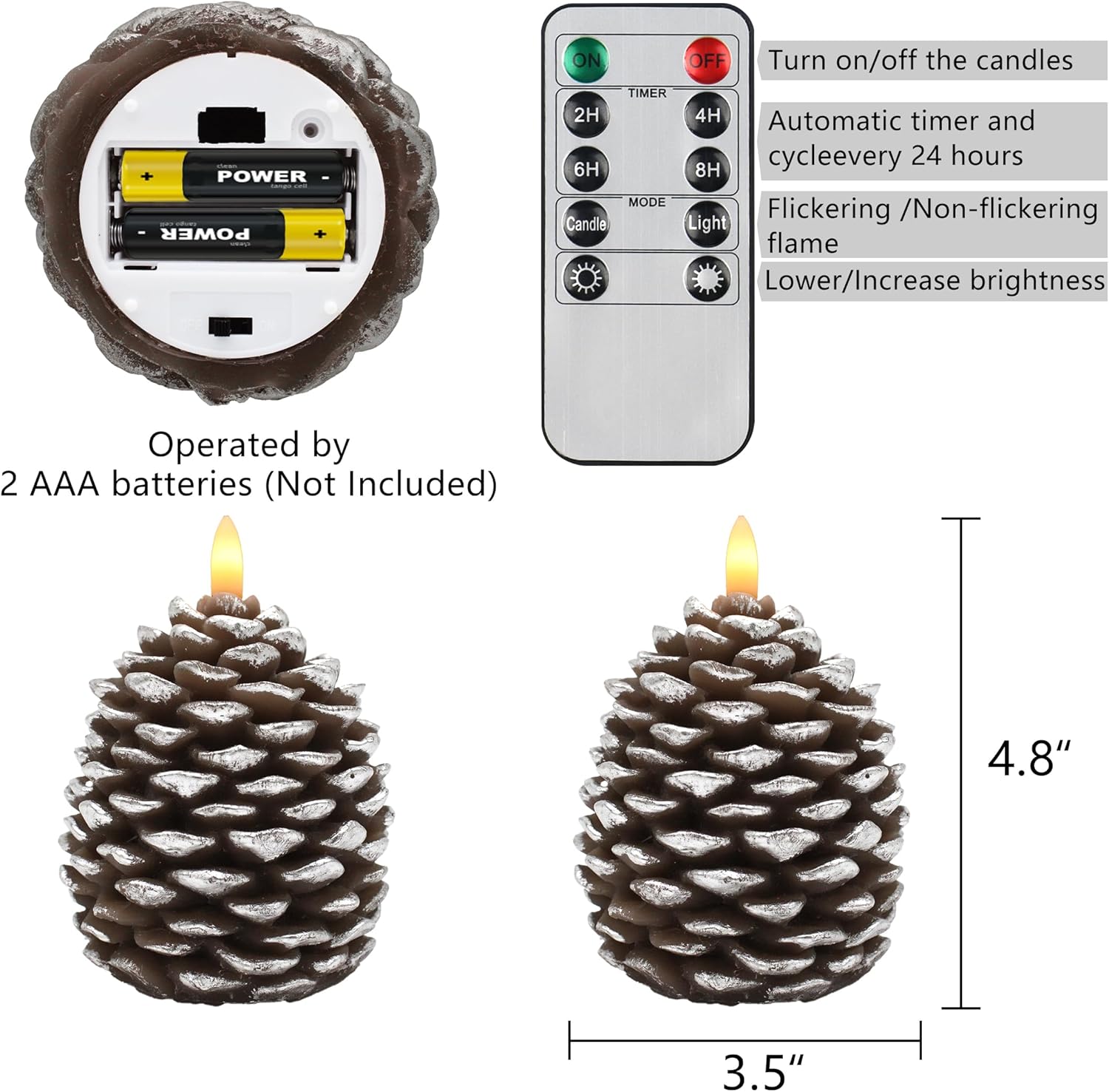 CVHOMEDECO. Pine Cone Candles Battery Operated Pinecones with Remote and Timer, Pine Cones Candle LED Flameless Flickering Candles for Fall, Christmas Decor. Silver-Brown, H 4.8 Inch, Pack of 2