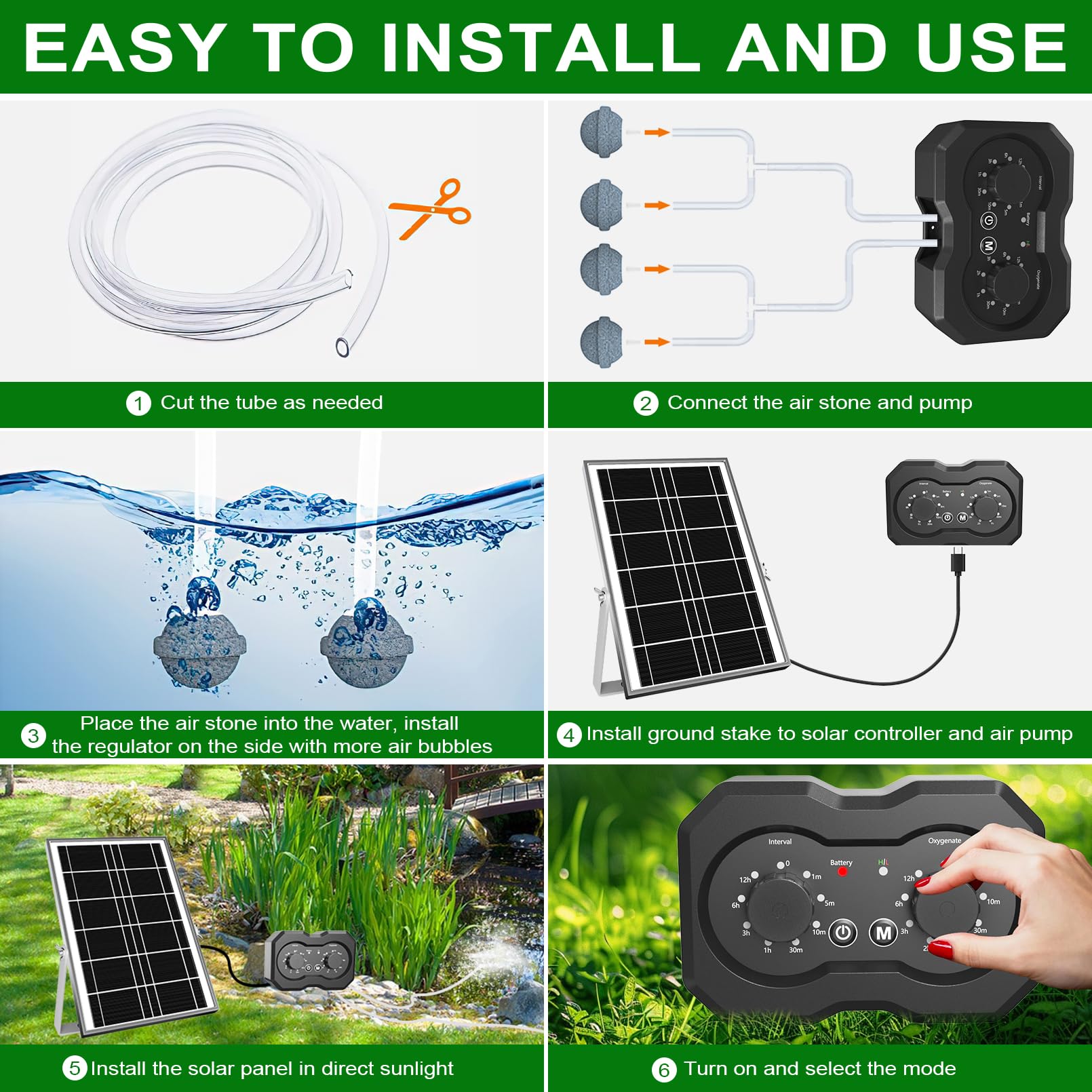 Bomba de aire solar de oxígeno para estanque, botón de rotación simple mejorado, aireador solar para estanque, 2 modos de trabajo, aireador solar para estanques exteriores con función de temporización