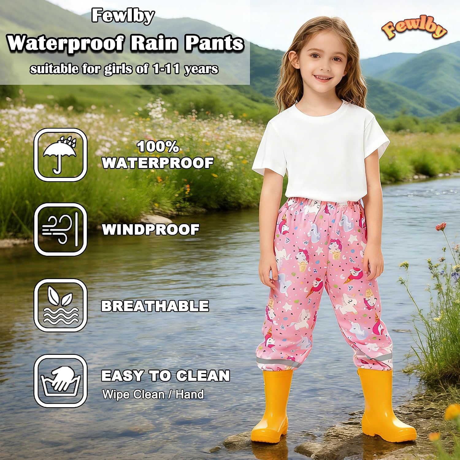 Fewlby Kids Rain Pants Toddler Waterproof Trousers Lightweight for Boys Girls