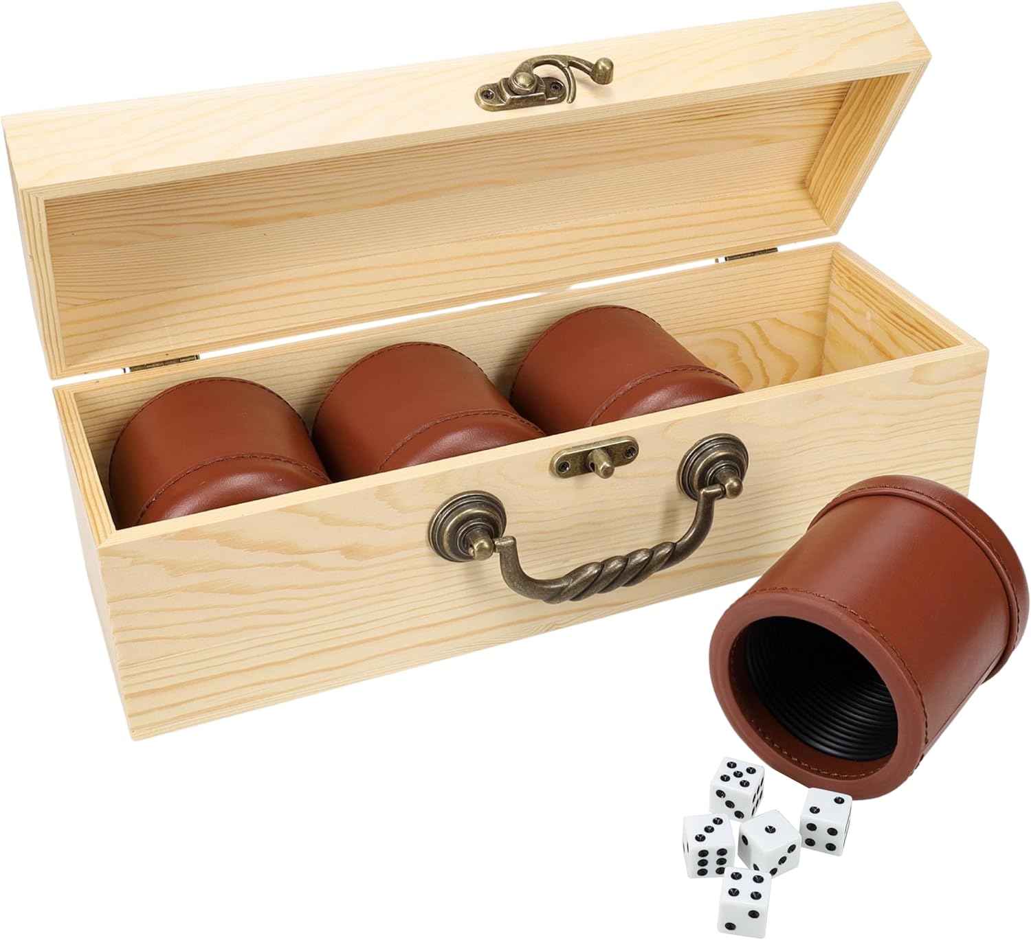 WE Games Leather Dice Cups Set of 4 in Wood Presentation Case – Bundle Includes 20 White Dice for Liars Dice