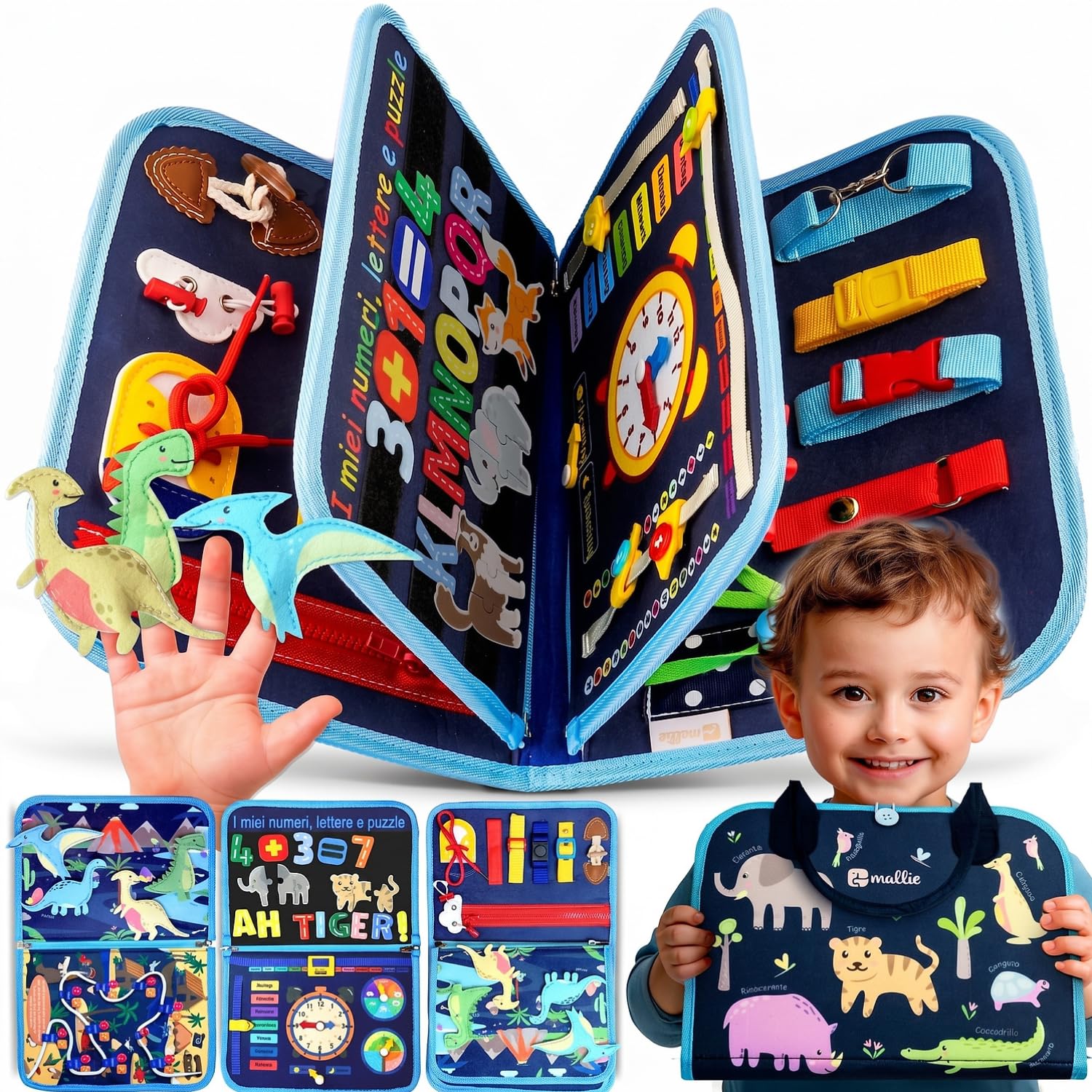 Mallie® Montessori Busy Board in Italiano per 1 2 3 Anni con Gioco di Ruolo e Marionette – Busy Board Montessori 1 Anno, Busy Book, Libro Montessori Interattivo 1 Anno, Libro Interattivo 2 Anni