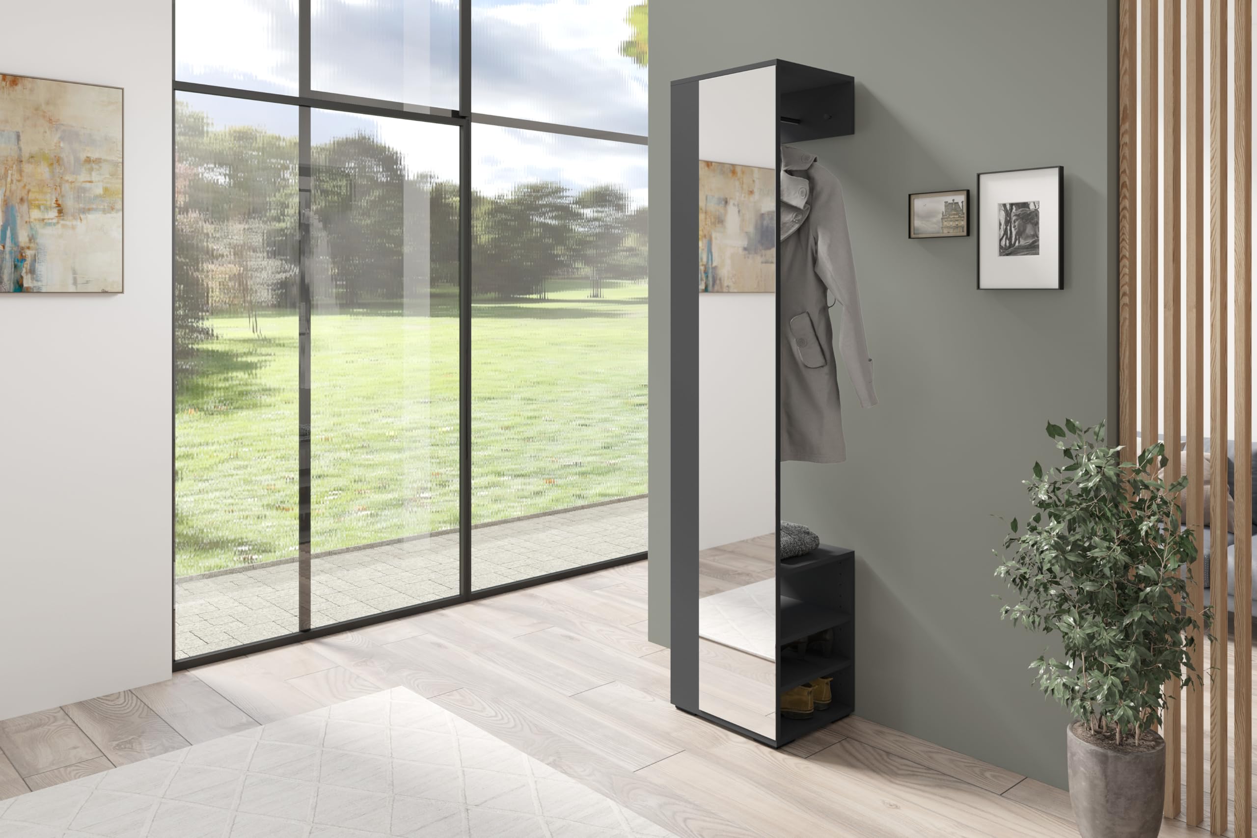 byLIVING Flurgarderobe Ben, Anthrazit, Spiegel | Kleiderstange, Ablage, Spiegelschrank für den Flur, B 40, H 184, T 35 cm