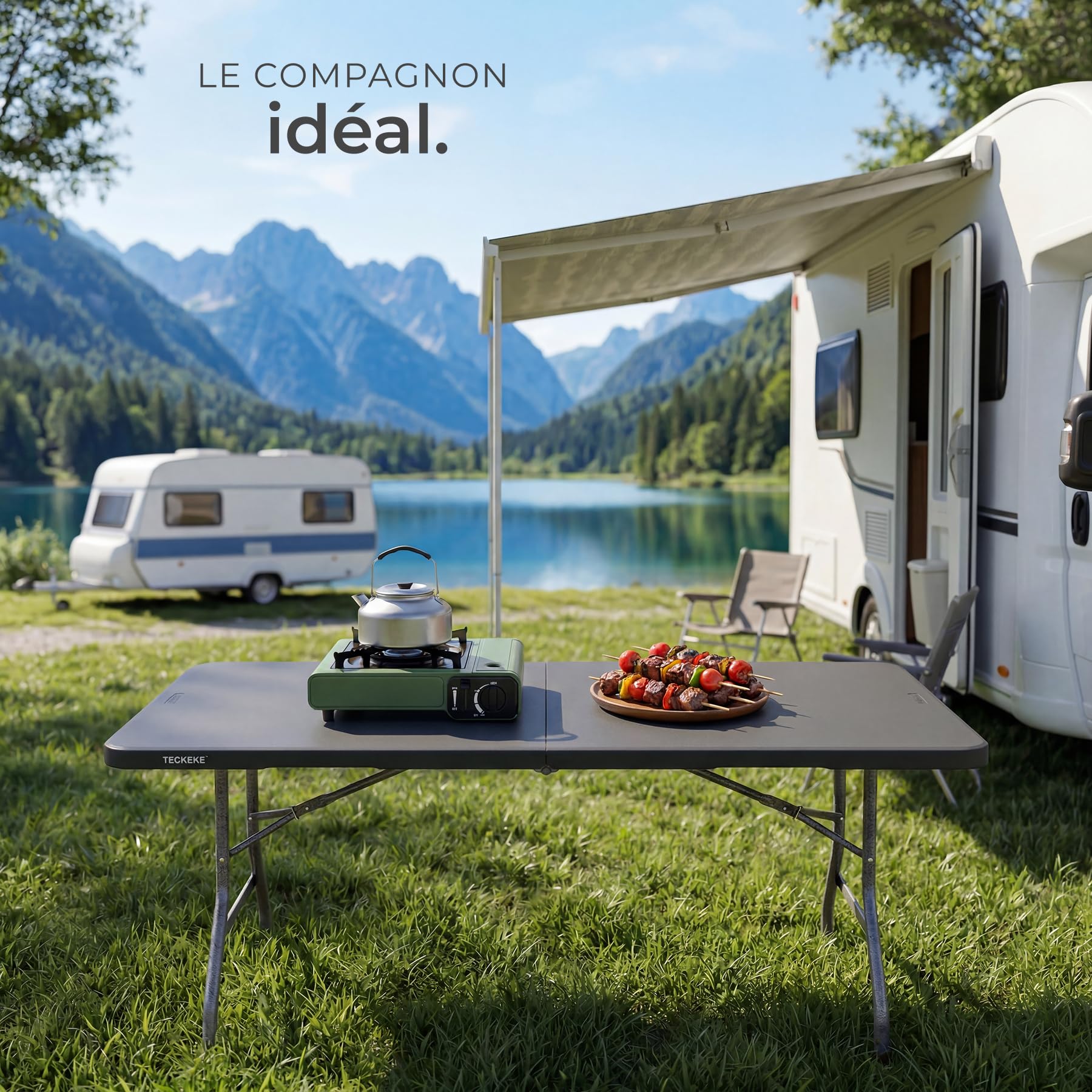tectake® Table de Camping Pliable 180 x 70 x 74 cm, Plastique Robuste, Résistante aux intempéries, Charge Max. 120kg, Poignée de Transport caoutchoutée, Table de Pique-Nique, Jardin, Camping - Gris