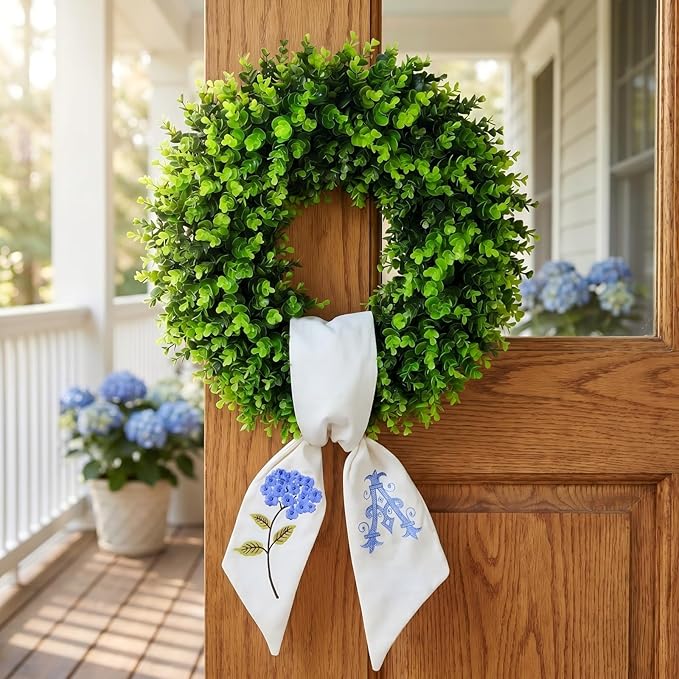 Boxwood Wreath for Front Door Spring Summer Wreaths for Farmhouse,Last Name initialYear Round Porch Decor,20 inch Geen Wreath with Personalized Monogram sash Embroidered Hydrangea and Letter - (G)