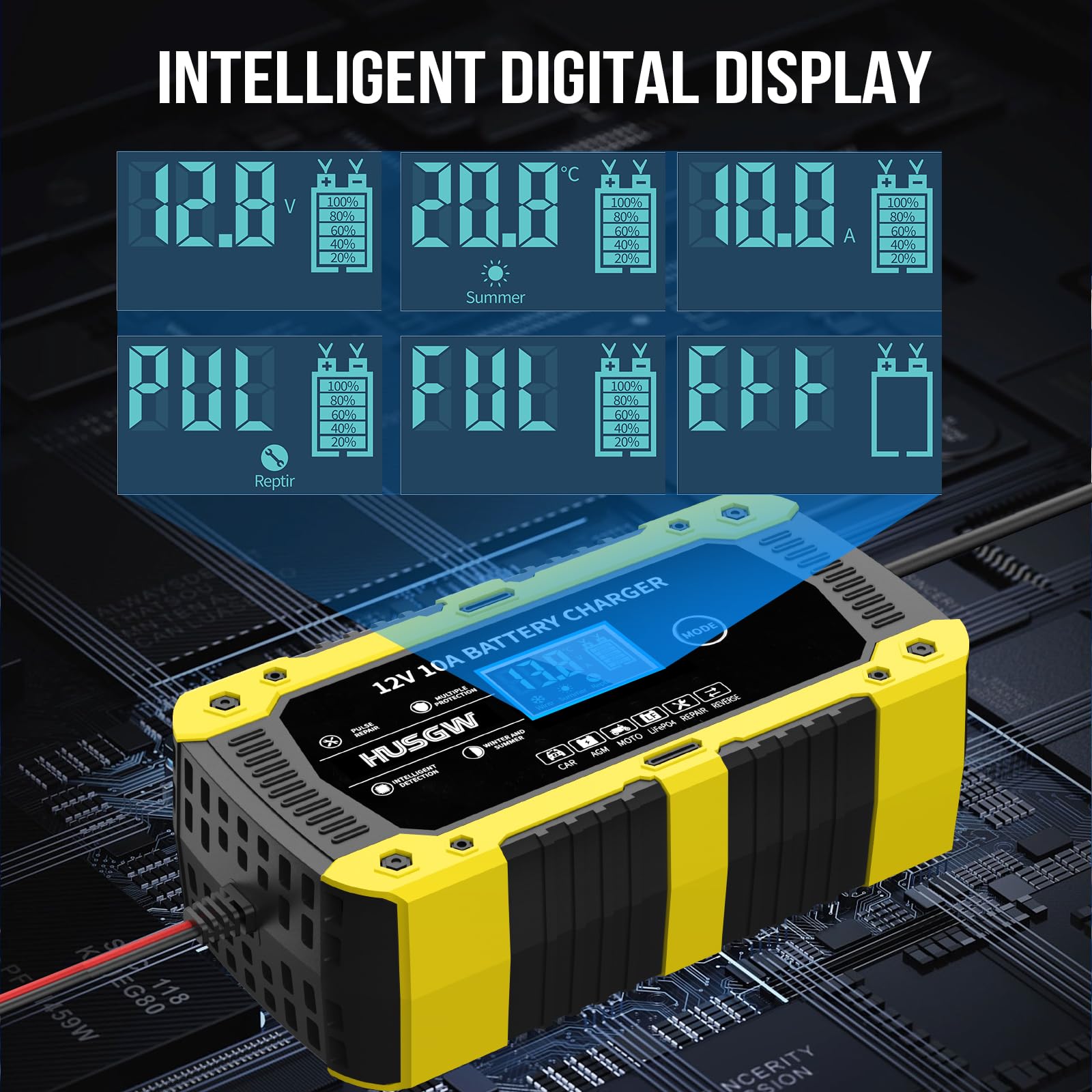 12V10A Cargador Baterias Coche, Cargador de Baterias Coche y Moto Inteligente y Funciones, Adecuado para Baterías Automotrices LiFePO4,para Coche/Moto/Clippers/AGM/Gel/Wet/SLA (10A) (10 Amarillo)