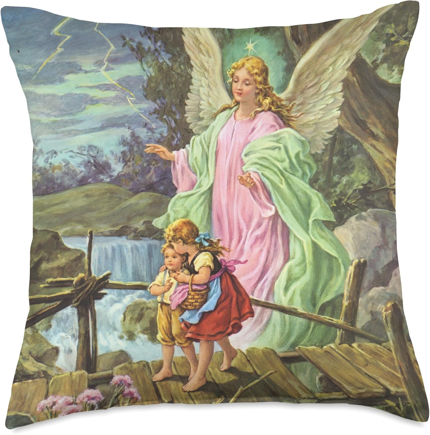 Guardian Angel on Bridge with Children Throw Pillow