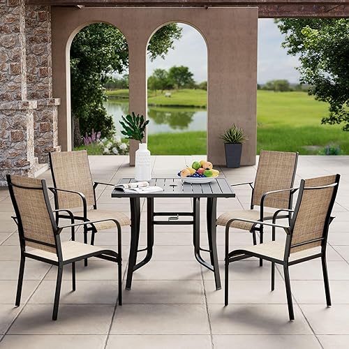 5 Pieces Patio Dining Table Set, Outdoor Table and Chairs Set for 4, Patio Table with Umbrella Hole, Square Metal Dining Table with 4 Textilene Dining Chairs for Garden Deck Backyard Balcony Porch