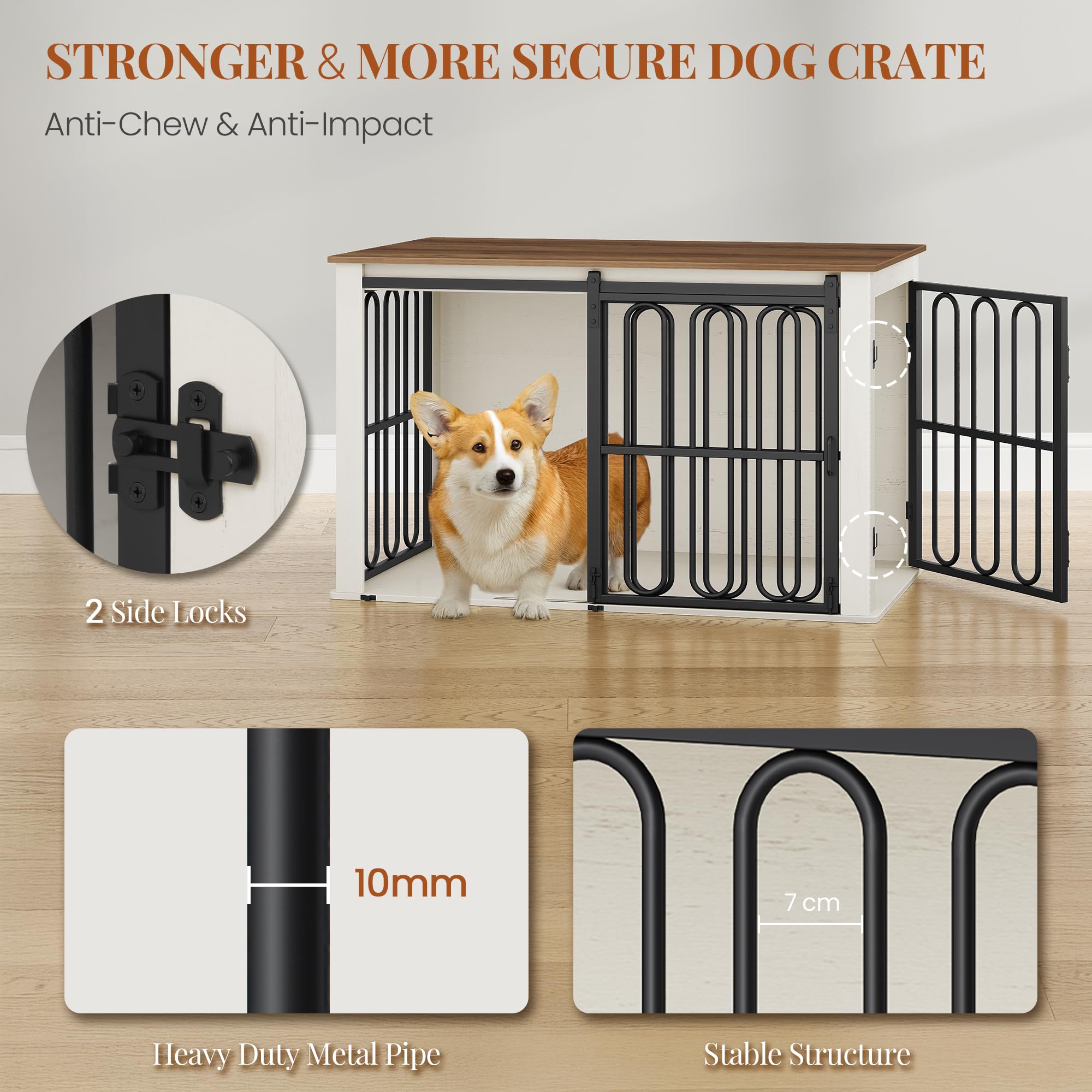 HEXCELEN Jaula para Perros Mueble de Madera, 100 × 60 × 62,4 cm, 2 Puertas, para Interiores, Jaula Resistente para Perro, Mesa Auxiliar, Blanco Marrón, para Perros Pequeños y Medianos, Moderna