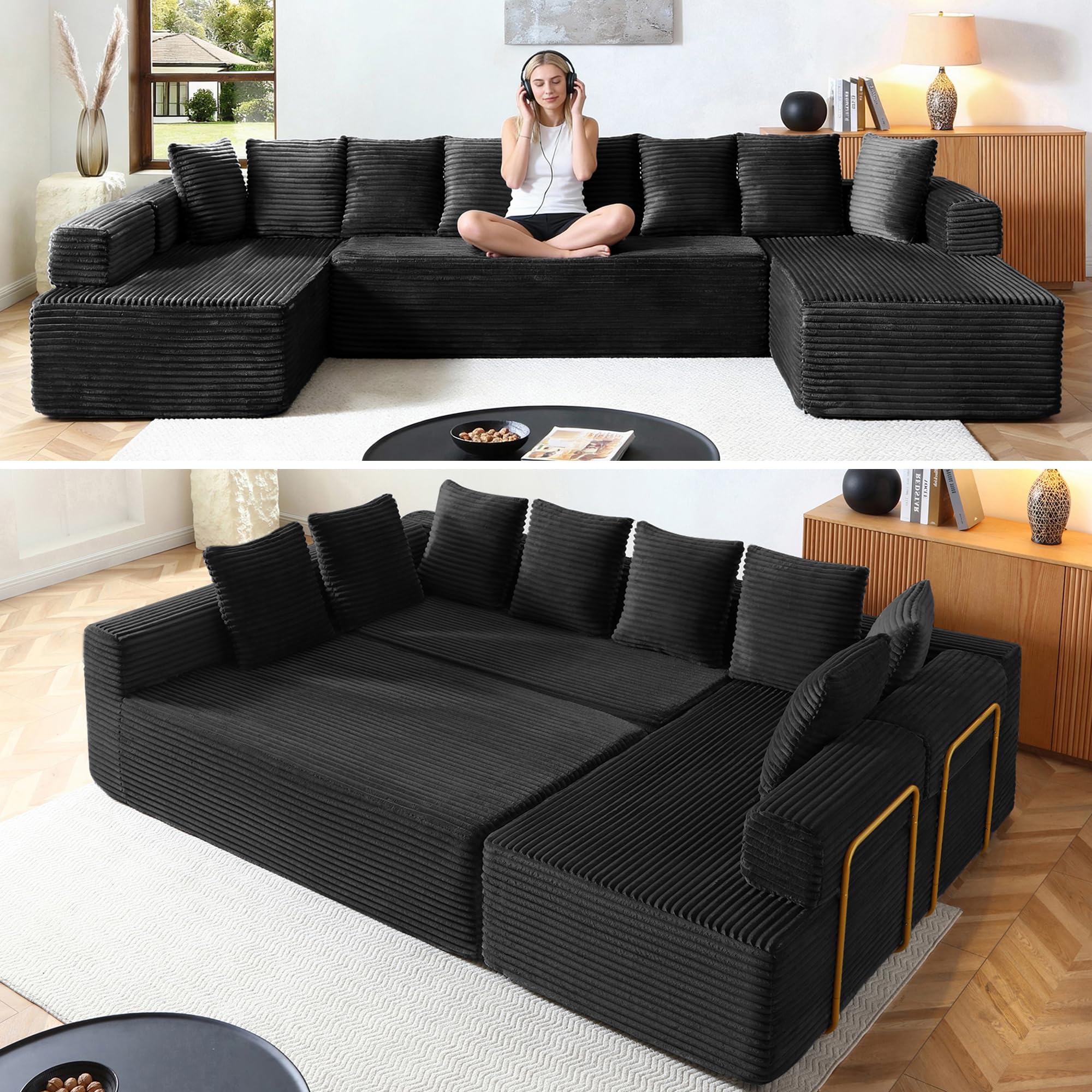 Oversized Cloud Boneless Couch with Chaise, 145" Modern U Shape Modular Deep Seat Sectional Sofa, Comfy Corduroy Upholstered Couches for Living Room, No Assembly Required, Black