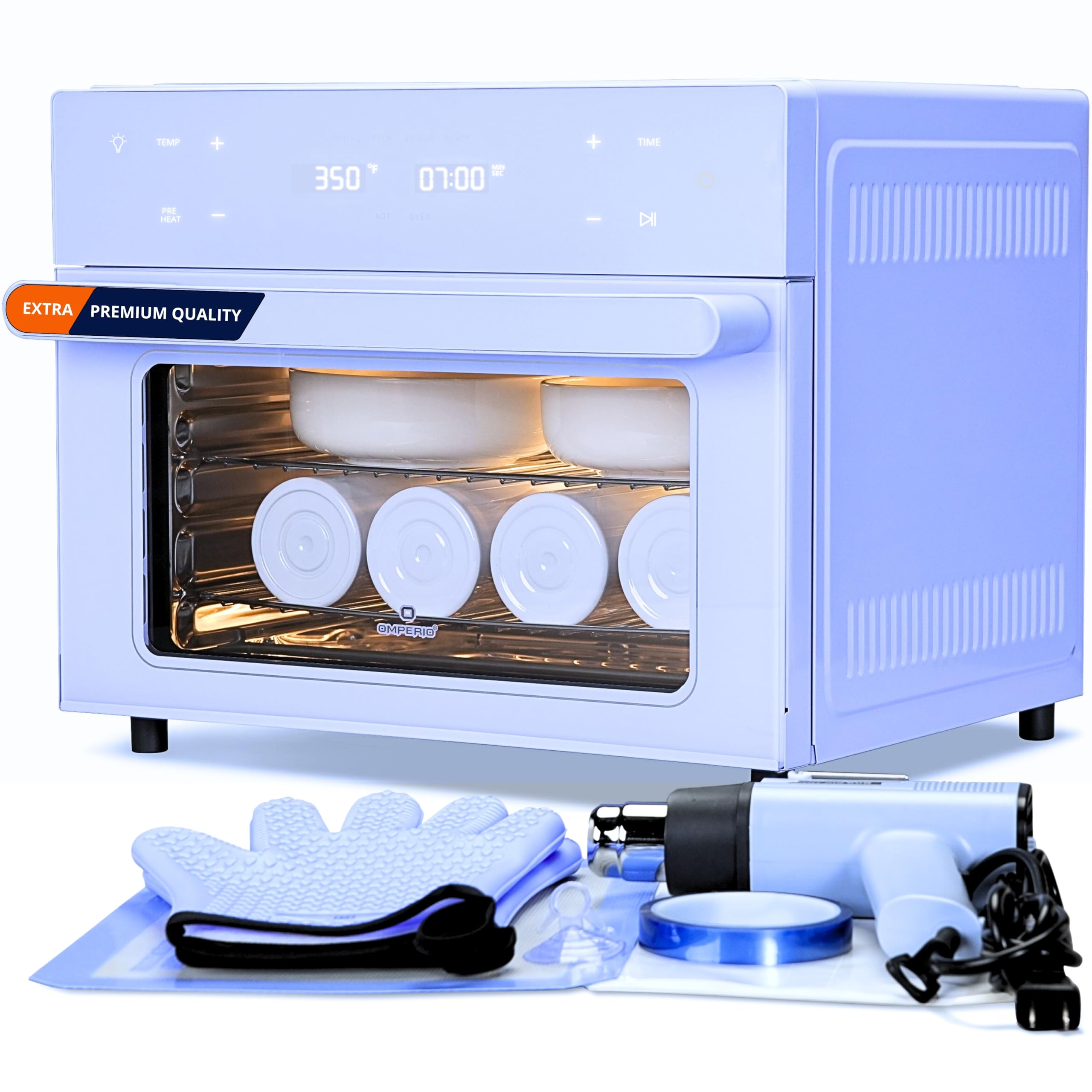 OMPERIO Sublimation Oven Machine for Tumblers, 32Qt 110V 1800W Convection Oven for Sublimation Blank Mugs Tumblers Bowls Glasses Bottles, 1 Heat Air Gun, 25 Shrink Wrap, 2 Heat Gloves, Heat Tape(Blue)