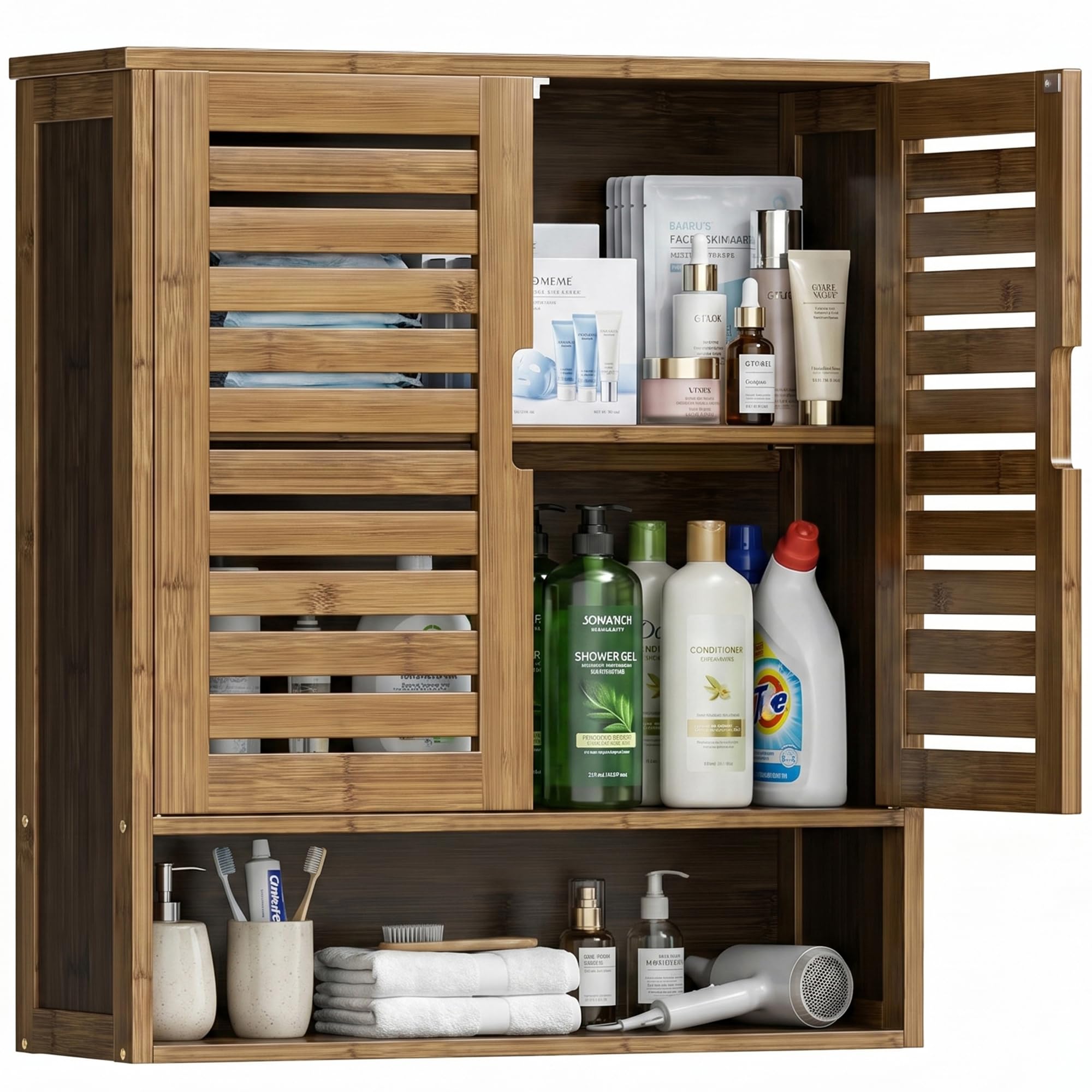 SMIBUY Armoire de Salle de Bain Murale, Organisateur de Rangement en Bambou au-Dessus de la Cuvette, Armoire à Pharmacie Gain de Place avec 2 Portes et étagères réglables (Noyer)