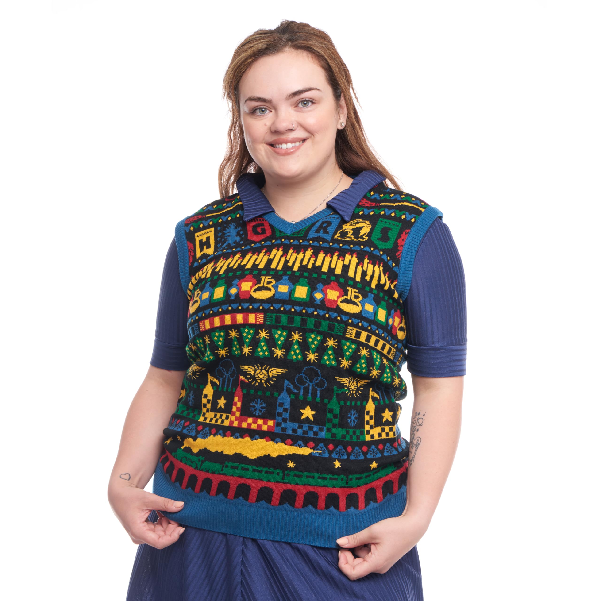 Harry Potter Christmas Jumper Style Knitted Vest – Unisex Sleeveless Jumper – Hogwarts Holiday Sweater, 2XL