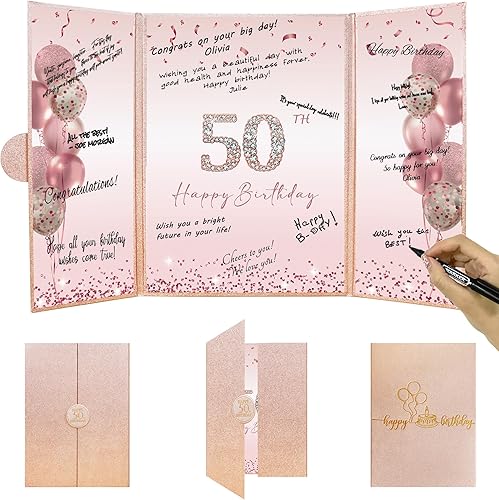 DARUNAXY Decoraciones de fiesta de cumpleaños número 50 de oro rosa, libro de invitados alternativo de feliz cumpleaños 50 para mujeres, regalos