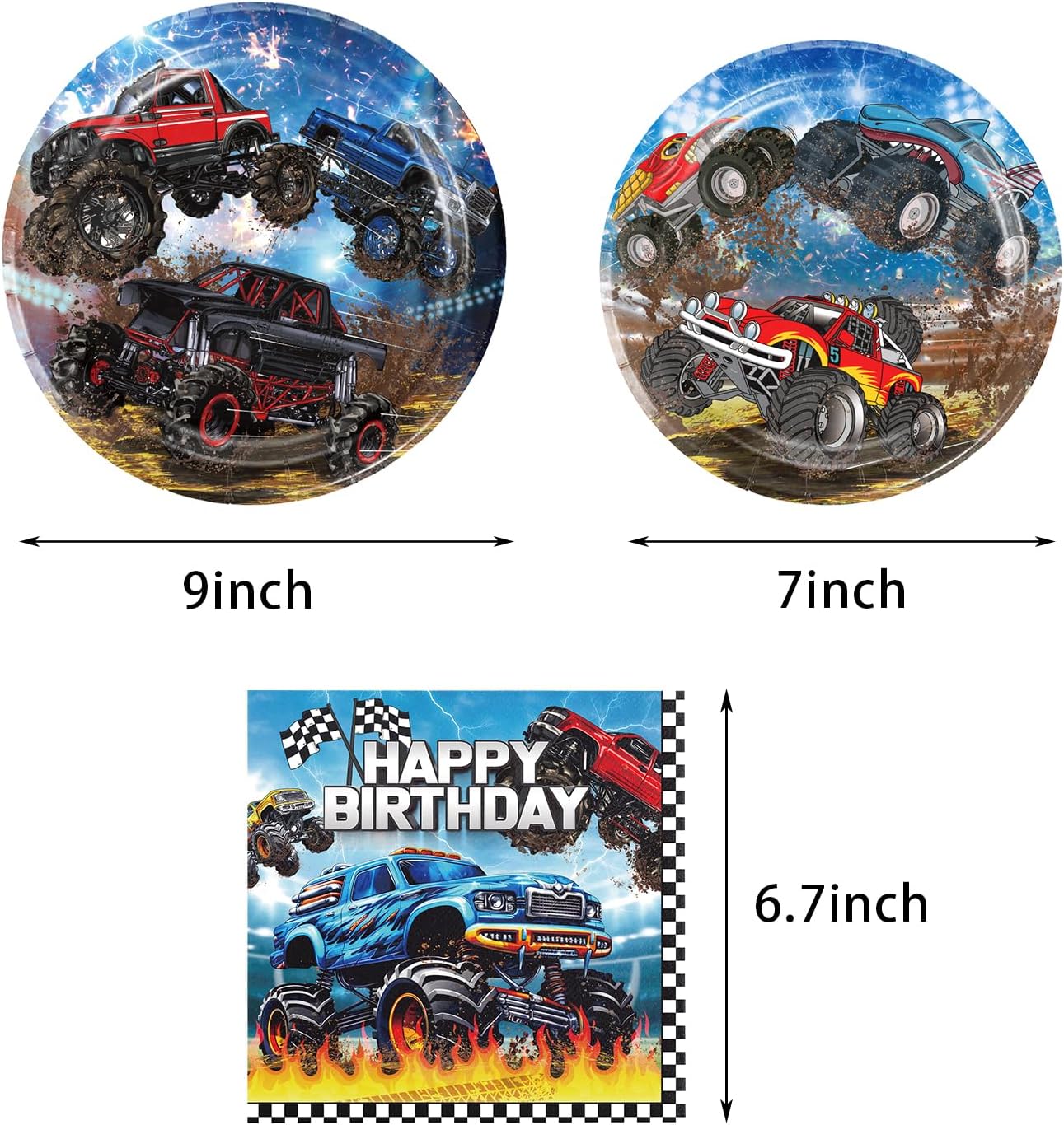 104Pcs Monster Truck Decorations，Monster Truck Birthday Party Supplies，Monster Truck Party decorations，Include Balloons,Backdrop,Banner, Cake Toppers，Tableware, Tablecloth