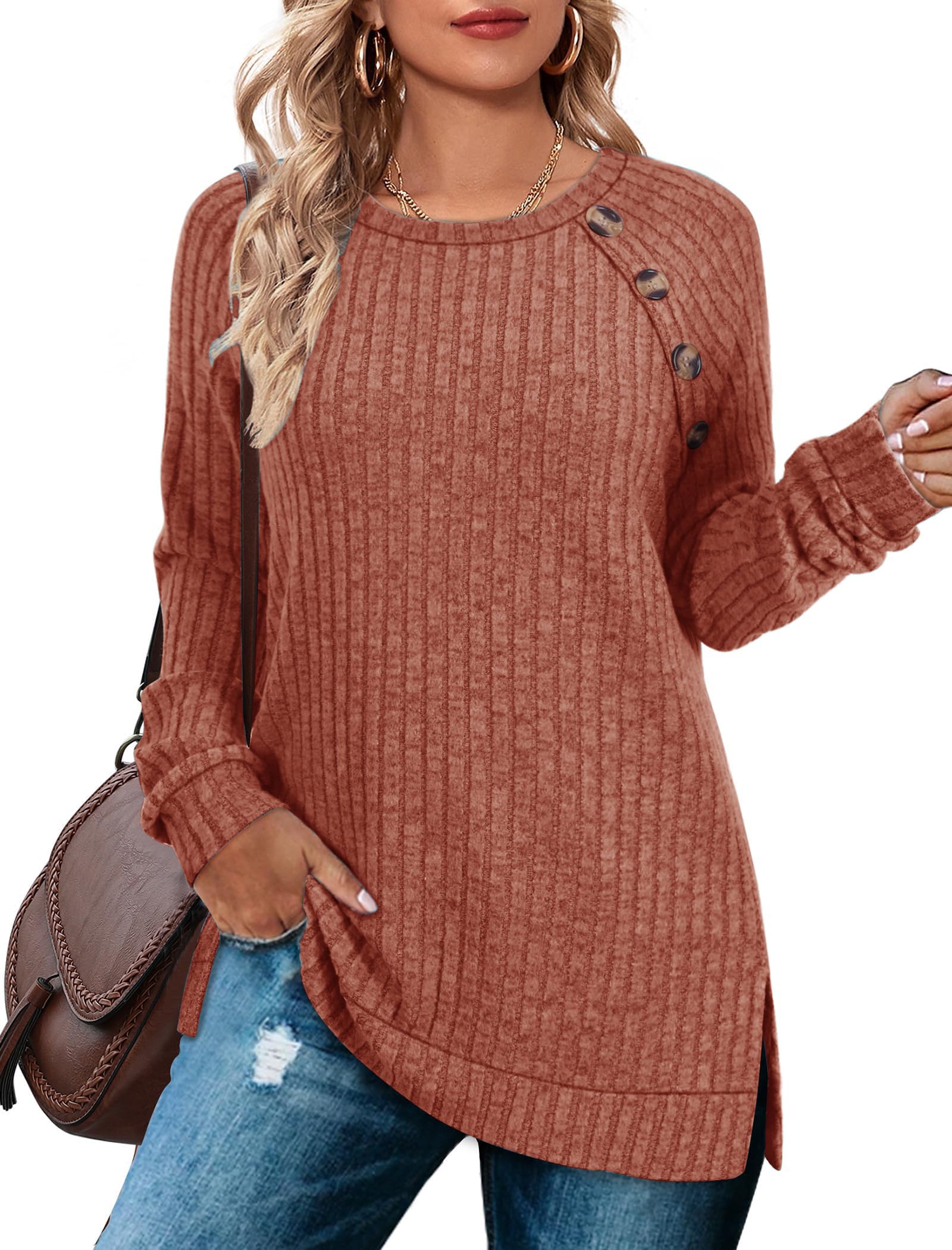 TrendiMax Damen Langarmshirt Leichte Strickpullover mit Knopfdetail Rundhals Casual Oberteile Elegant Sweatshirt Herbst Langarm Tops