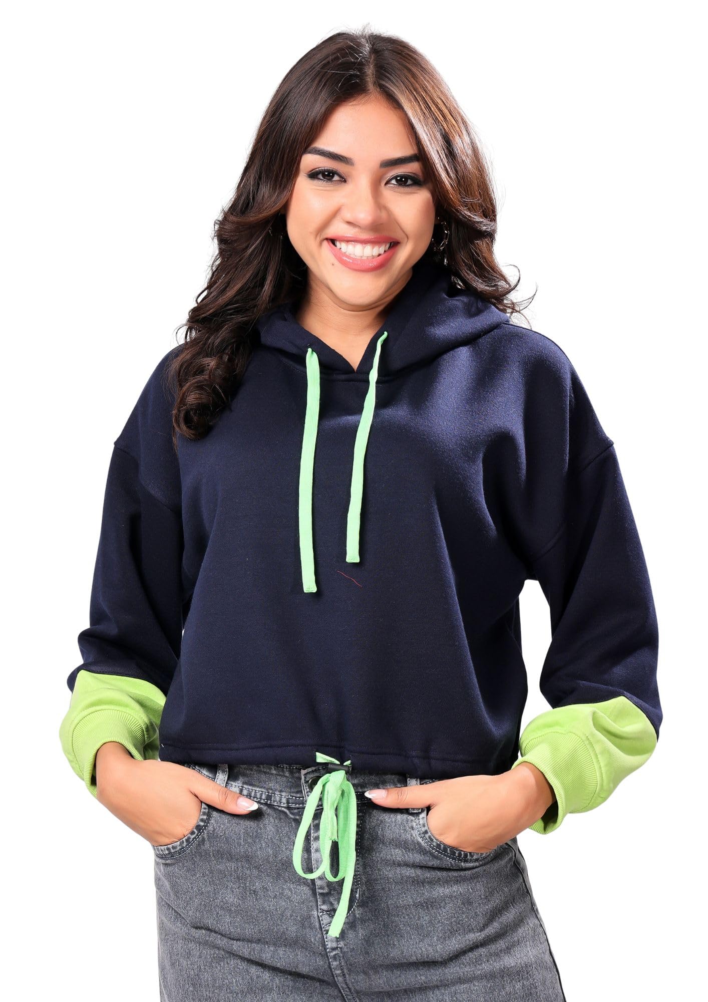 haryana hoops Navy Blue and Parrot Green Crop Sweatshirt for Women with Tie-Up Details (Winter Wear)-picture-37