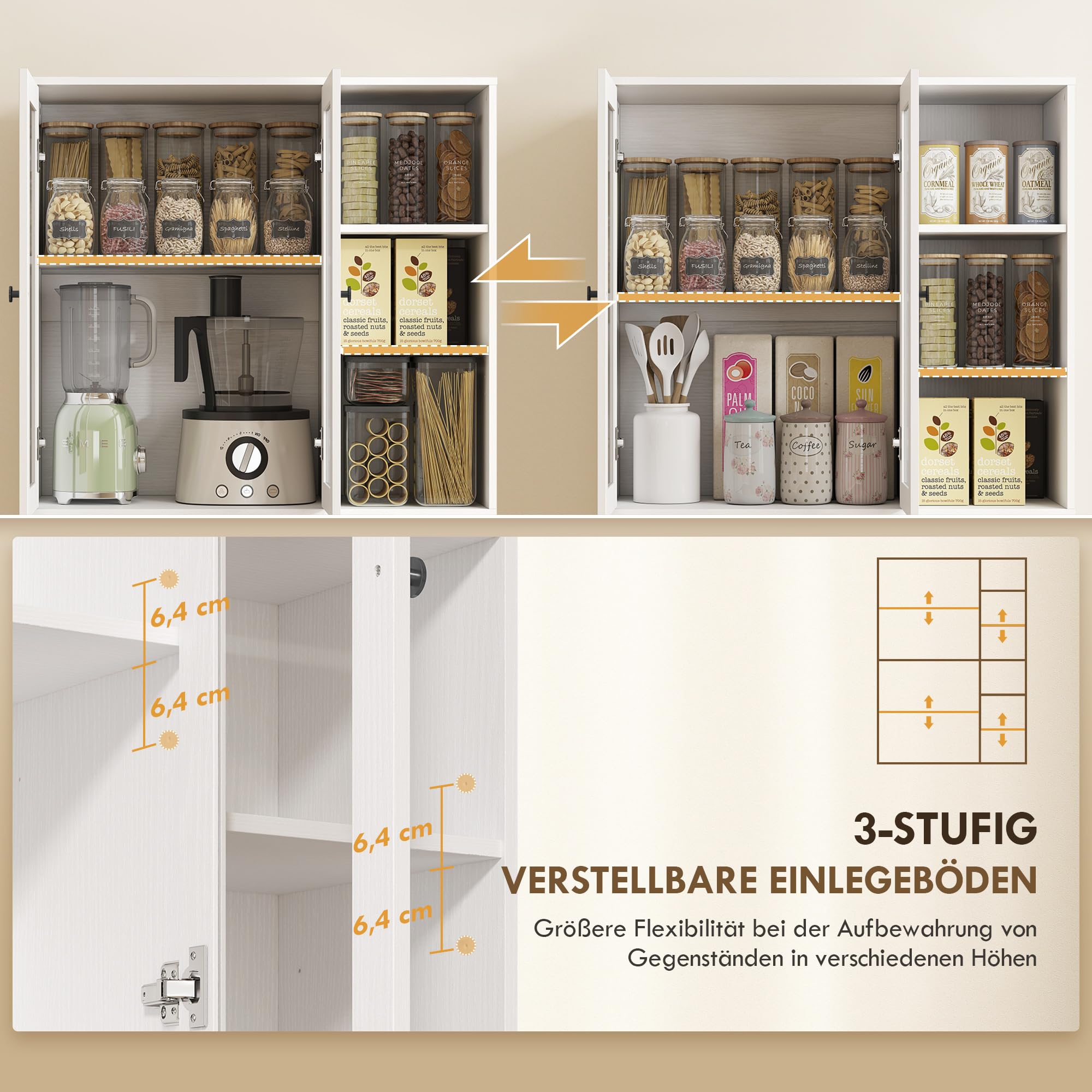 HOMCOM Küchenschrank mit 4 Soft-Close-Glastüren 90 x 35 x 172 cm Weiß | Buffetschrank, 6 Offenen Fächern, Moderner Hochschrank mit Verstellbaren Einlegeböden, Vorratsschrank