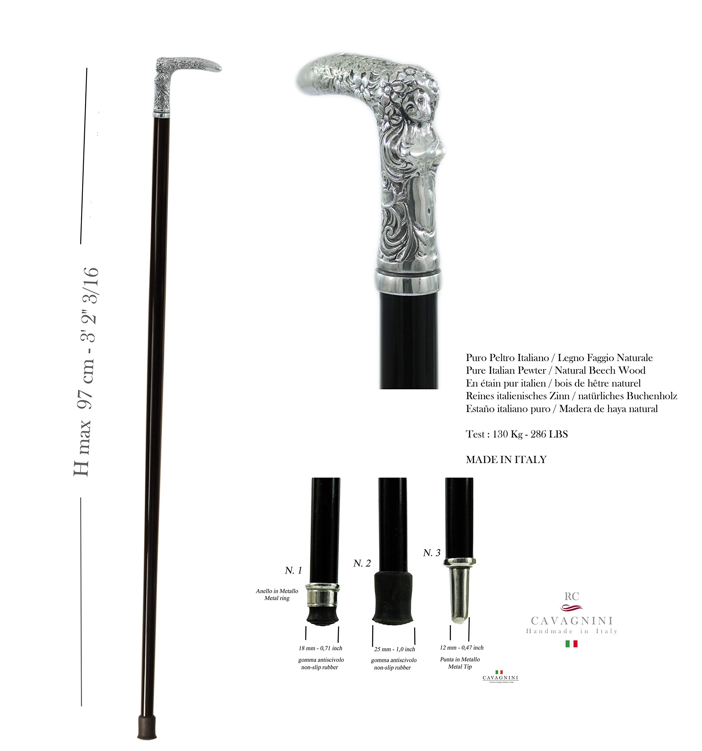 Bastón de paseo mujer peltre madera negro vintage clásico elegante nobiliar CAVAGNINI