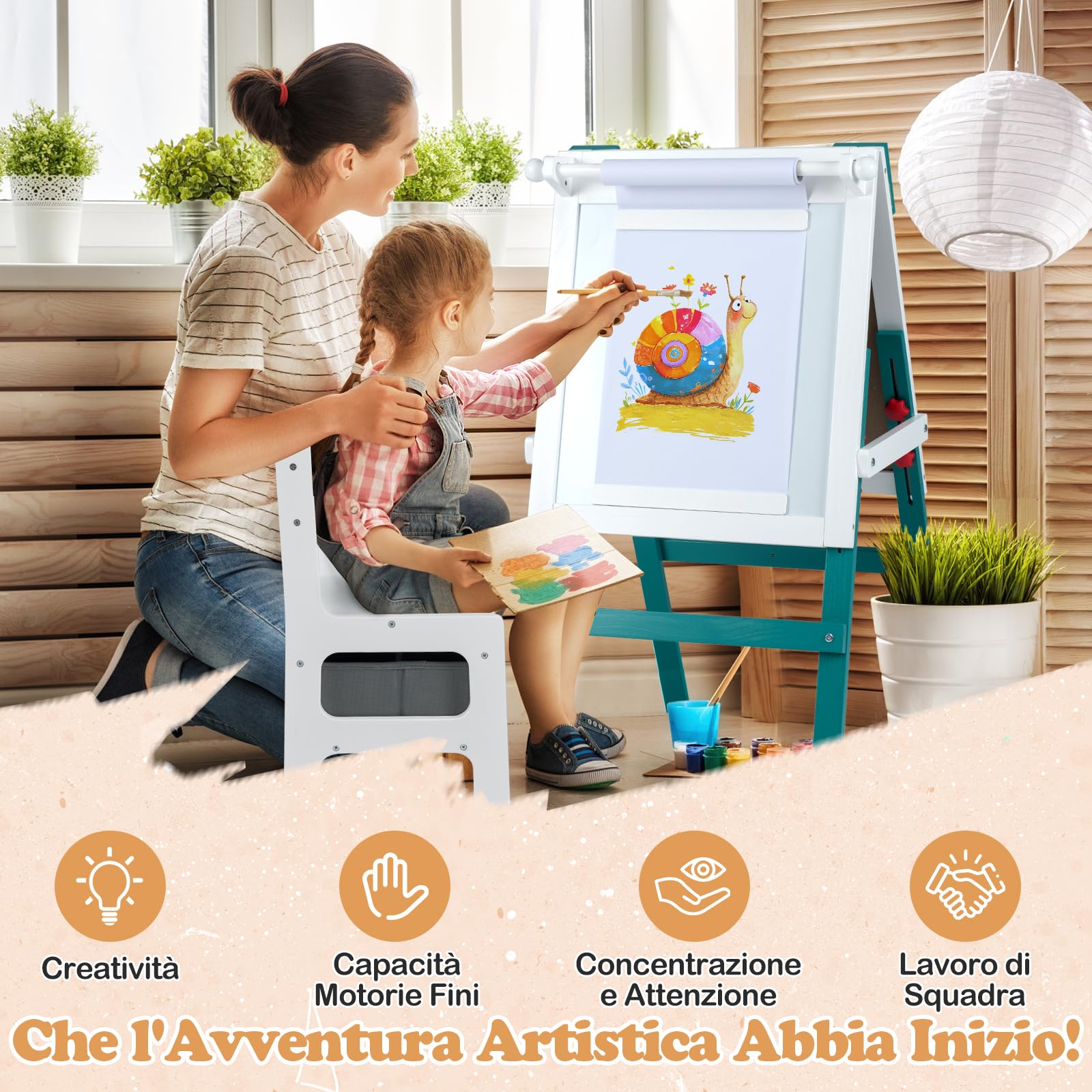 RELAX4LIFE 3 in 1 Lavagna Bambini in Legno, Cavalletto Artistico Bifacciale con Porta Rotoli, Altezza Regolabile e Barre Magnetiche. Include Sedia e Cestino per 3+ Anni (Bianco+Verde)
