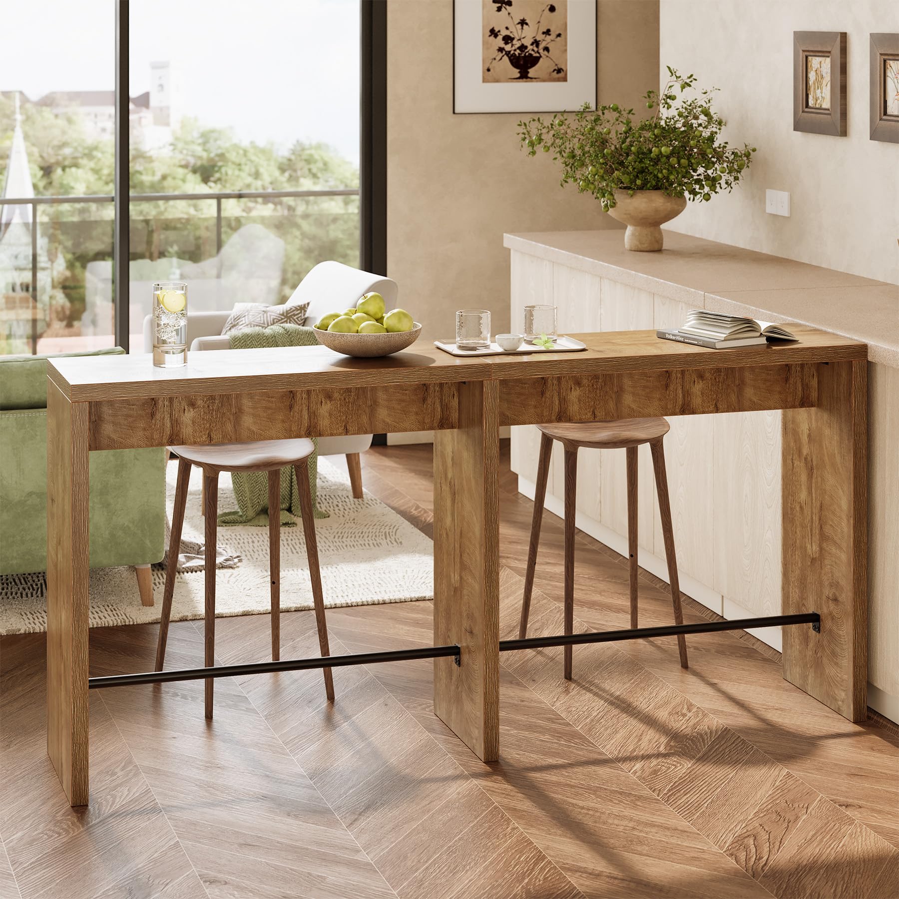 Tribesigns Table de Bar, Table Haute Cuisine, 200 x 39.5 x 95cm, Extra Longue avec Repose-Pieds en Fer Stable pour Cuisine, Salon, Salle à Manger, Couleur Bois