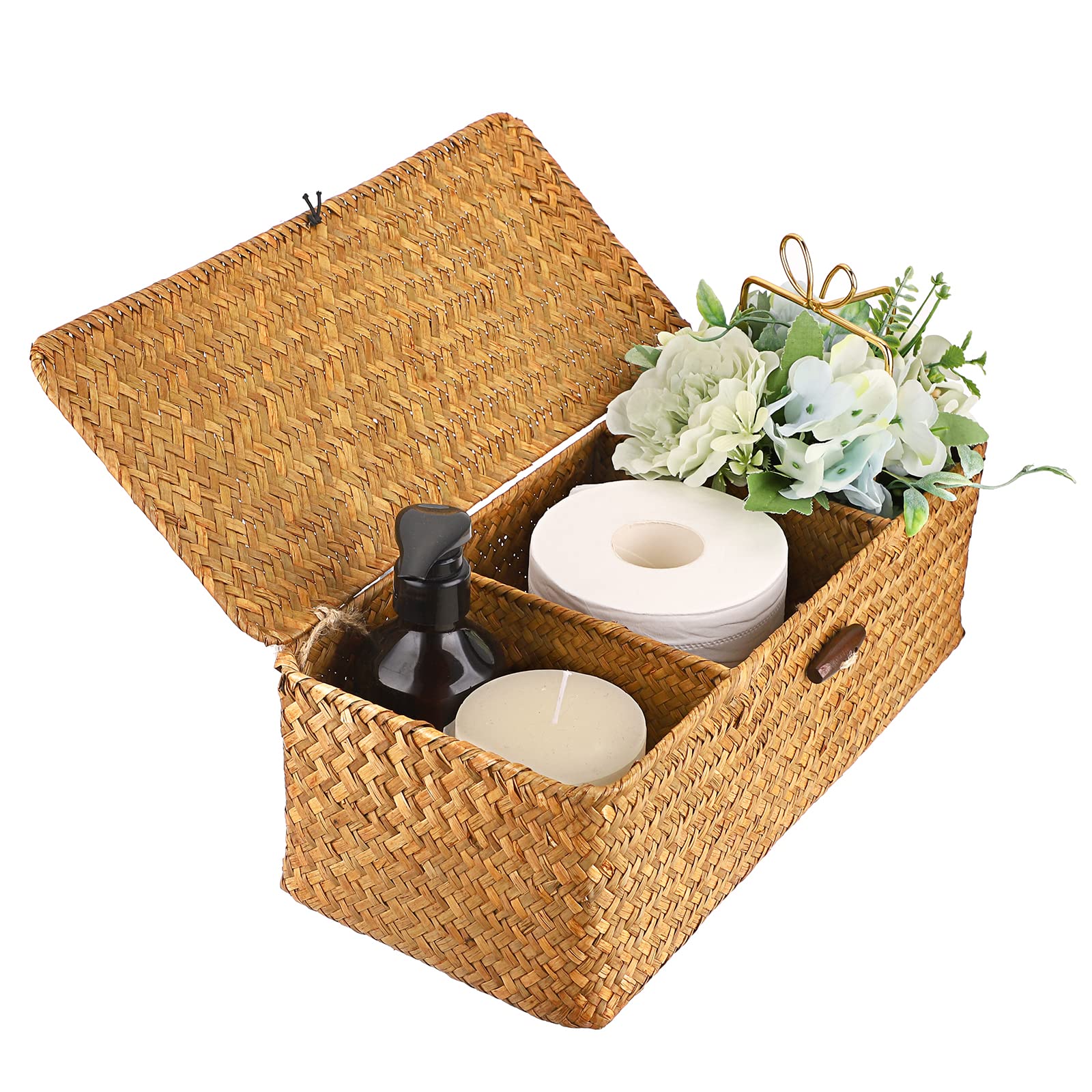 IGNPION Seagrass Storage Basket with Lid - 3 Compartments Toilet Tank Top Organizer - Woven Desktop Rectangular Box for Shelves & Desks - Decorative Caramel