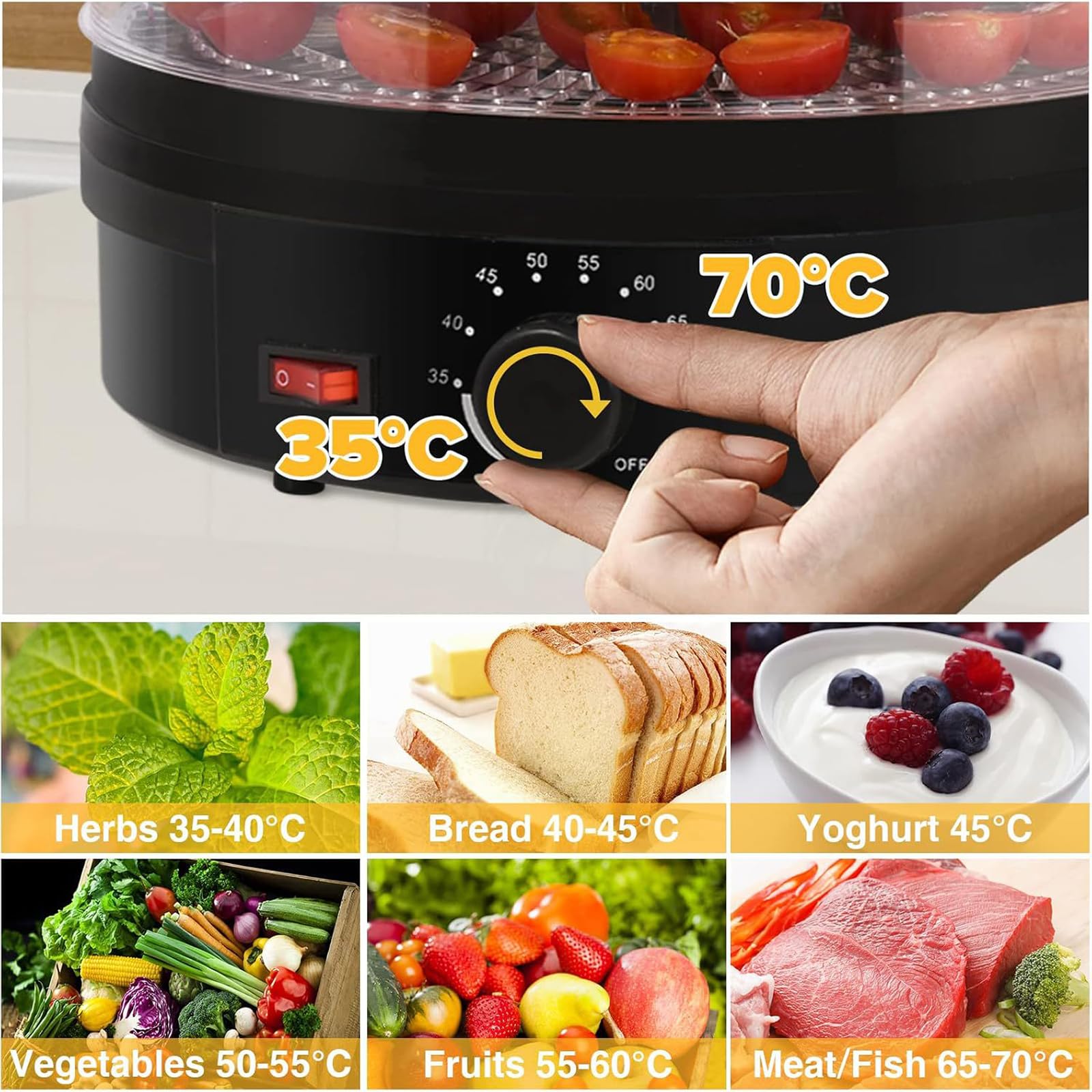 Deshidratador de Alimentos de 350W - Deshidratador Doméstico Compacto de 5 Capas para Mariscos y Carne para Mascotas, Ajuste de Temperatura de 35°C-75°C, Secador Eléctrico de Alimentos para Sna black