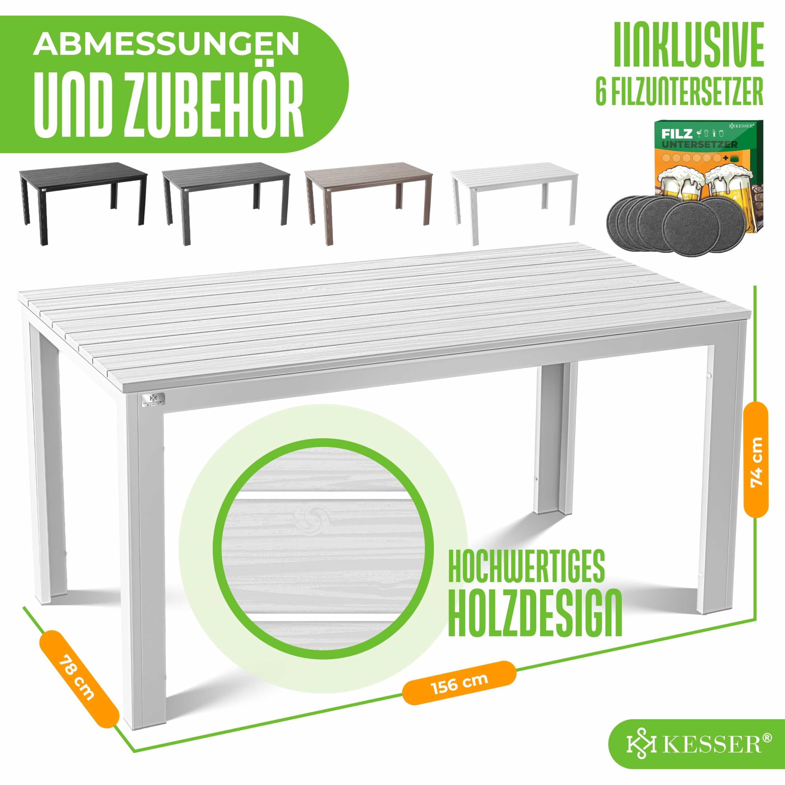 KESSER® Tavolo da giardino 156 x 78 cm, per 6 persone, resistente alle intemperie e ai raggi UV, tavolo da esterno con struttura in acciaio verniciato a polvere e piano in plastica effetto legno, con