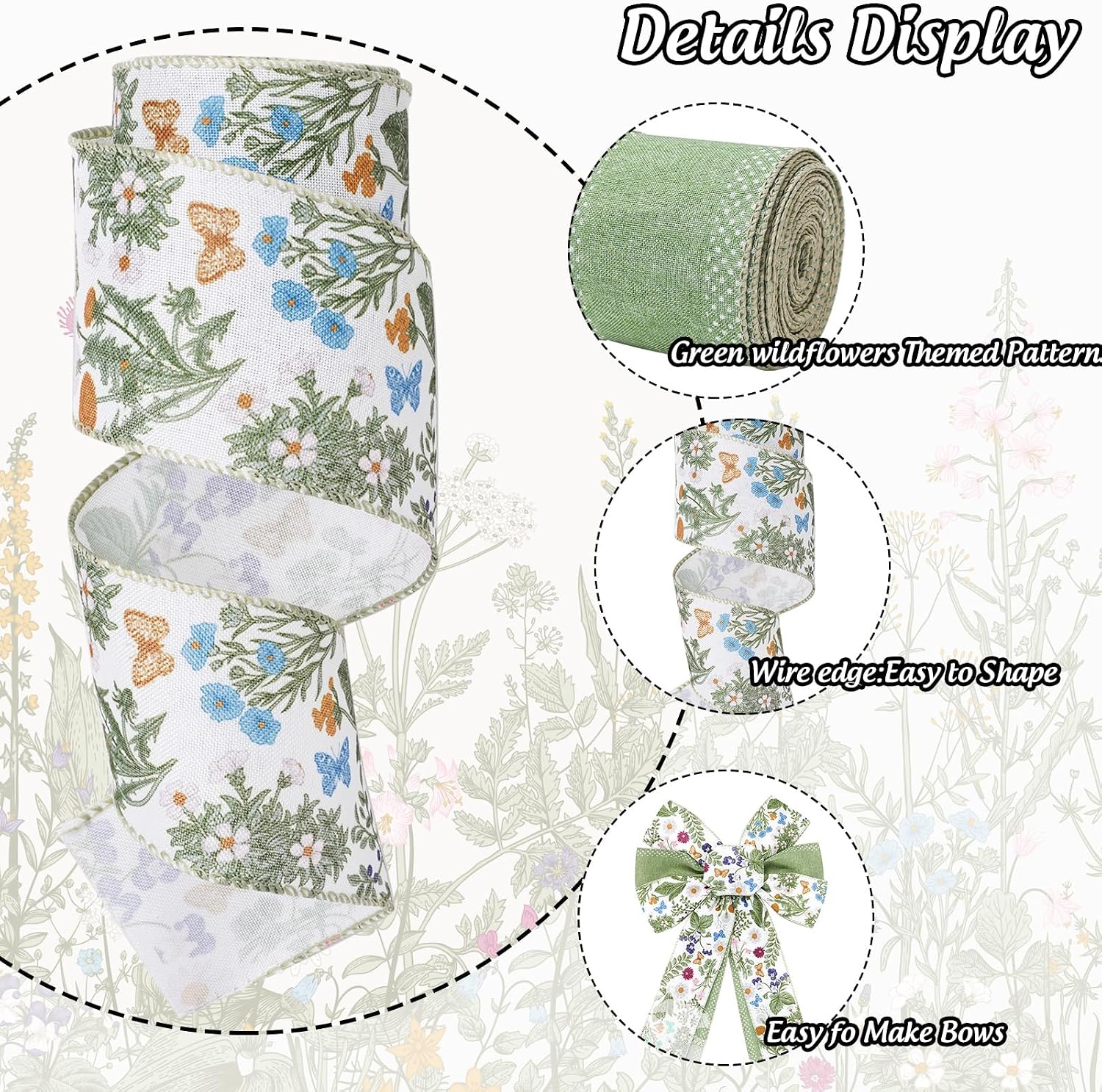 JarThenaAMCS Green Wildflowers Wired Edge Ribbon Retro Wild Floral Craft Ribbon Summer Fabric Ribbon for Spring Wreath Bow Making DIY Wrapping Party Decor Supplies, 2 Rolls, 20 Yard