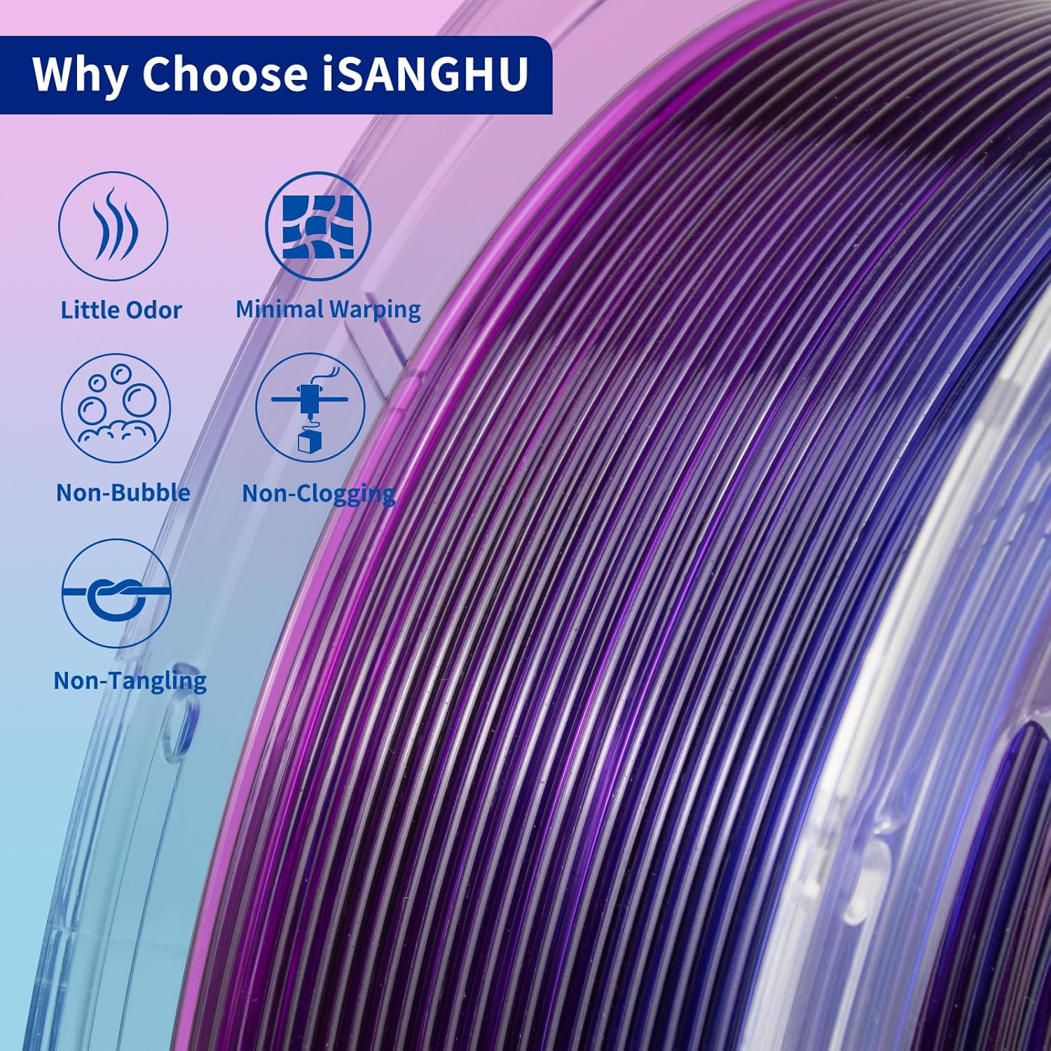3D Printer PETG Filament Transparent 1.75mm High Light Transmittance 3D Printing Filament,Print Speed 30-600mm/s PETG Filament,Transparent Blue Purple 3D Printer Filament 1KG