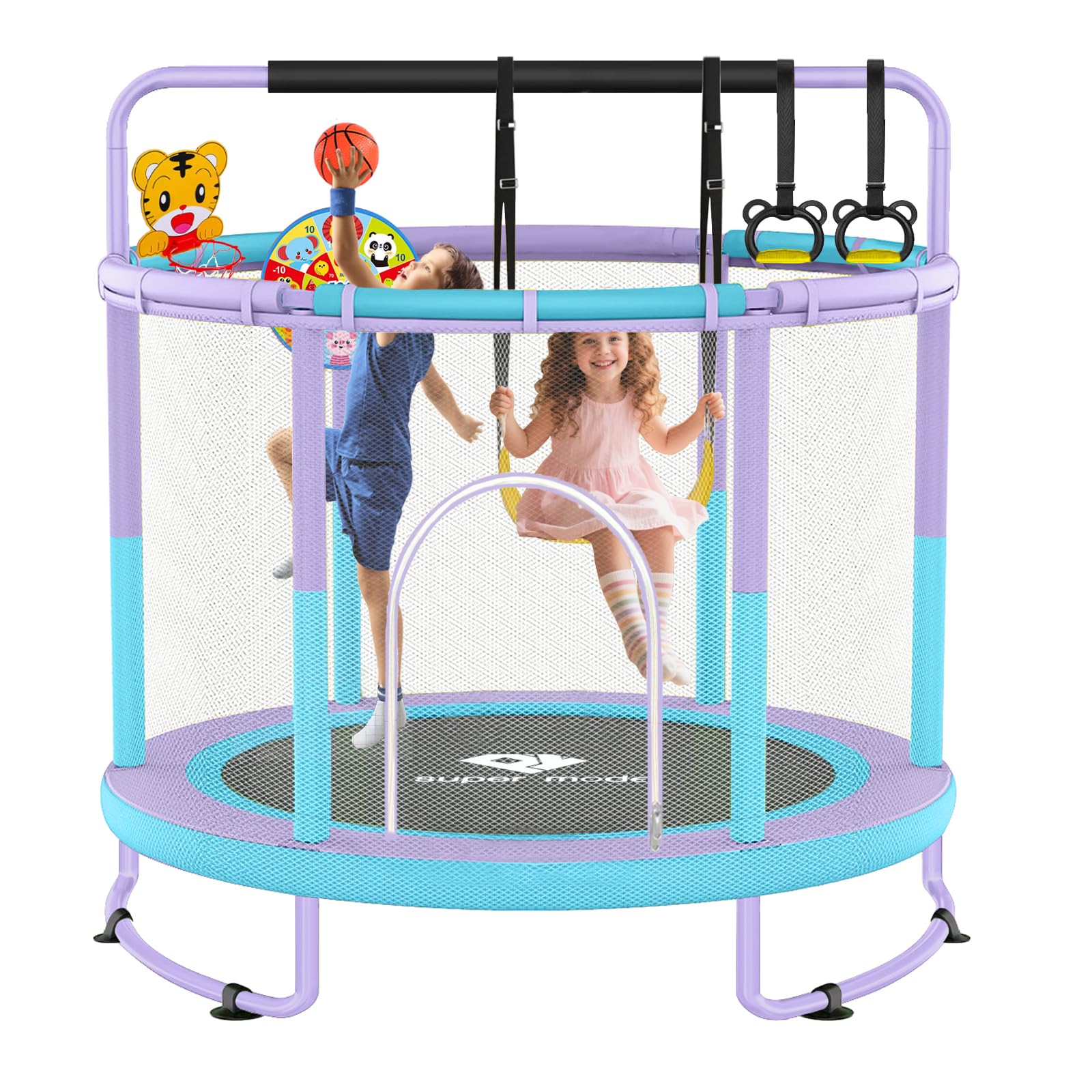 55-Zoll-Trampolin für Kinder für drinnen und draußen mit Sicherheitsnetz, Kleinkind-Trampolin mit Verstellbarer Turnstange und Spielzeug, lückenloses Sicherheitsdesign (lila und blau)