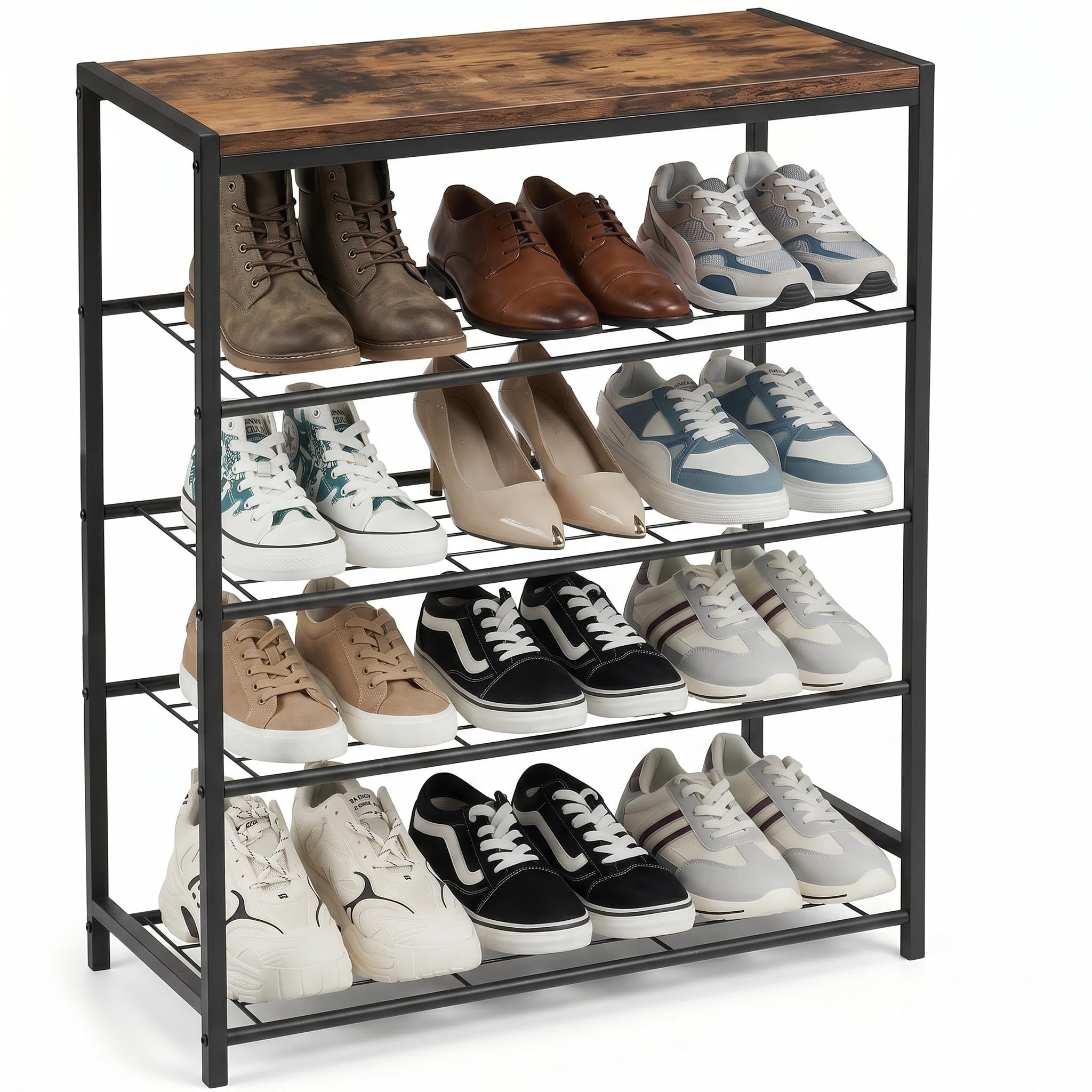 Zapatero Recibidor de 5 Niveles con Estante Superior - Mueble Zapatero Estrecho y Alto, Estantería de Metal Vertical Ahorro de Espacio para Entrada, Estilo Industrial, 63 x 30 x 83 cm