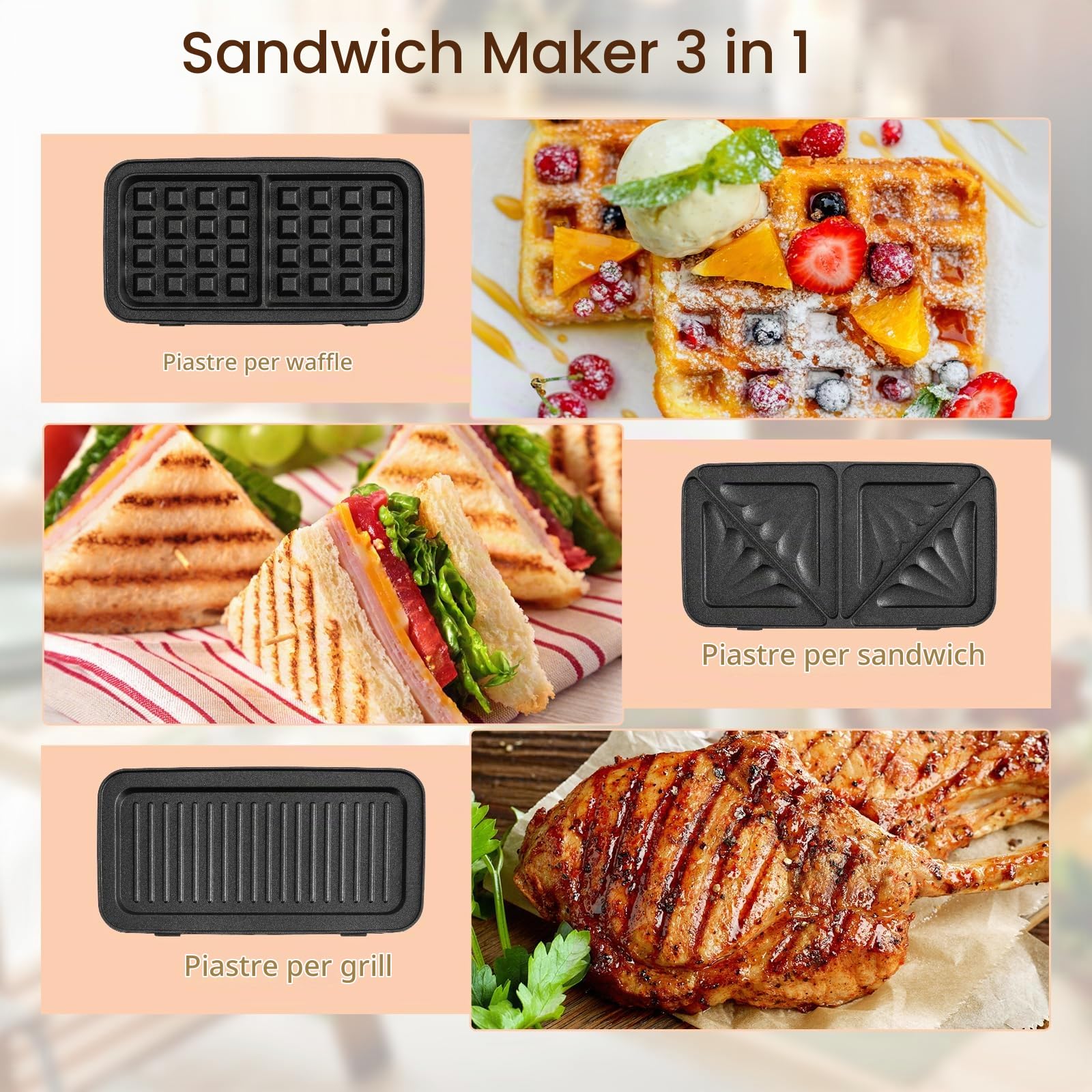 SOARS Tostapane 1200W, Piastra per Panini Sandwich Waffle 3 in 1, 5 Temperature Regolabili, Doppia Faccia, Piastra Grill Rimovibile e Lavabile, Protezione contro Surriscaldamento, Nero