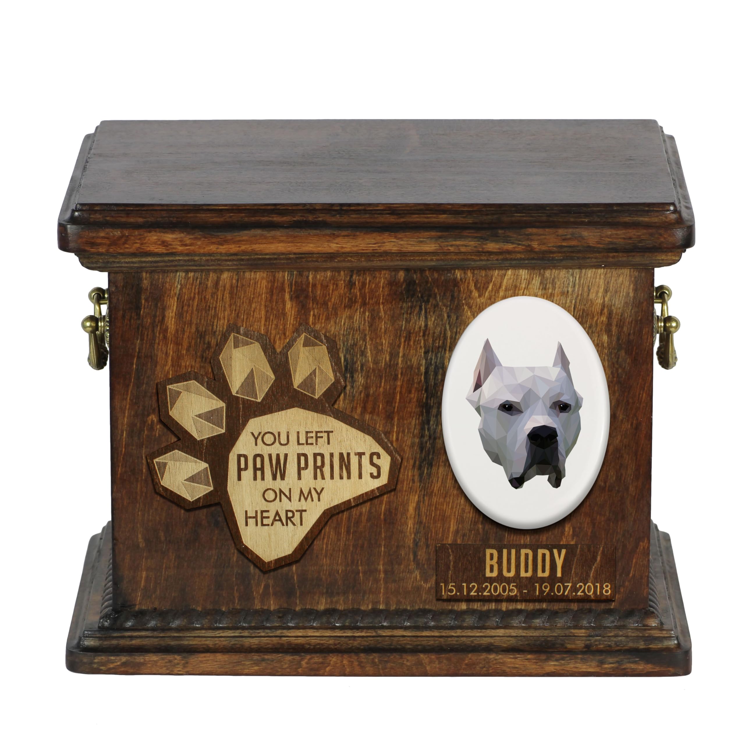 Art-Dog Custom Geometric Dog Memorial Urn - Handmade Wooden Urn – Decorative Ceramic Plate - Custom-made Dog Cremation Box for Ashes - 8,3x11,4x8,7” – Dogo Argentino — image 1