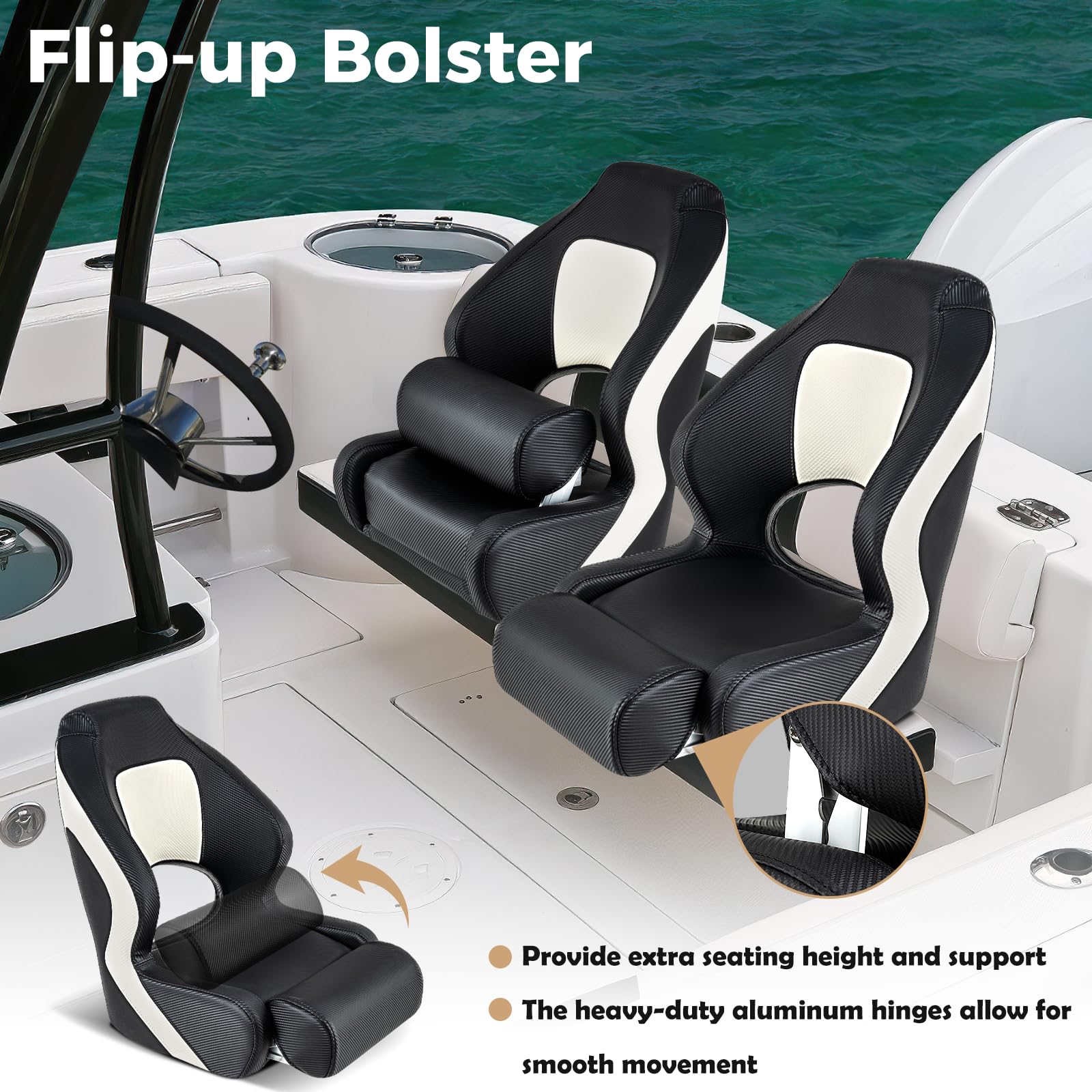HOMASIS Siège de Bateau Ergonomique en Cuir PVC, Siège de Pêche avec Appui-Tête Rabattable, Revêtement, Chaise de Bateau Pliable avec Accoudoirs Courbés, 56 x 70 x 62 cm
