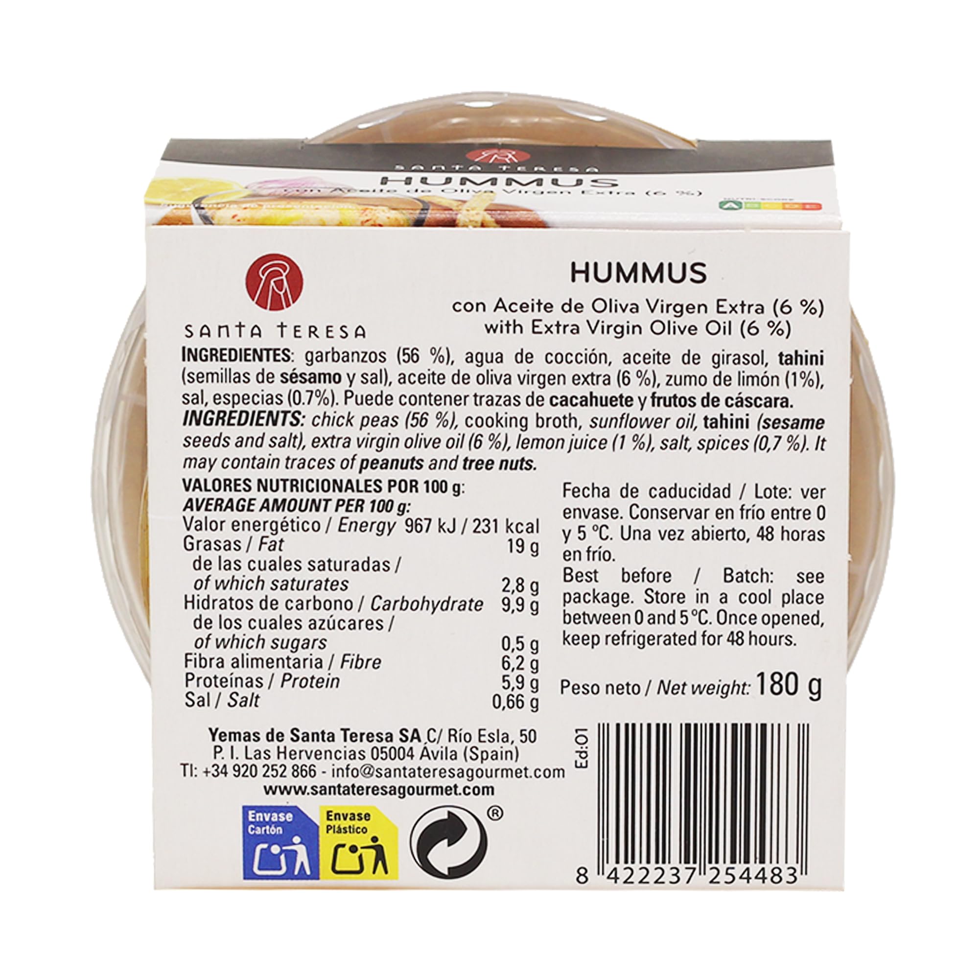 Santa Teresa Hummus con Aceite de Oliva Virgen Extra 180 Gramos