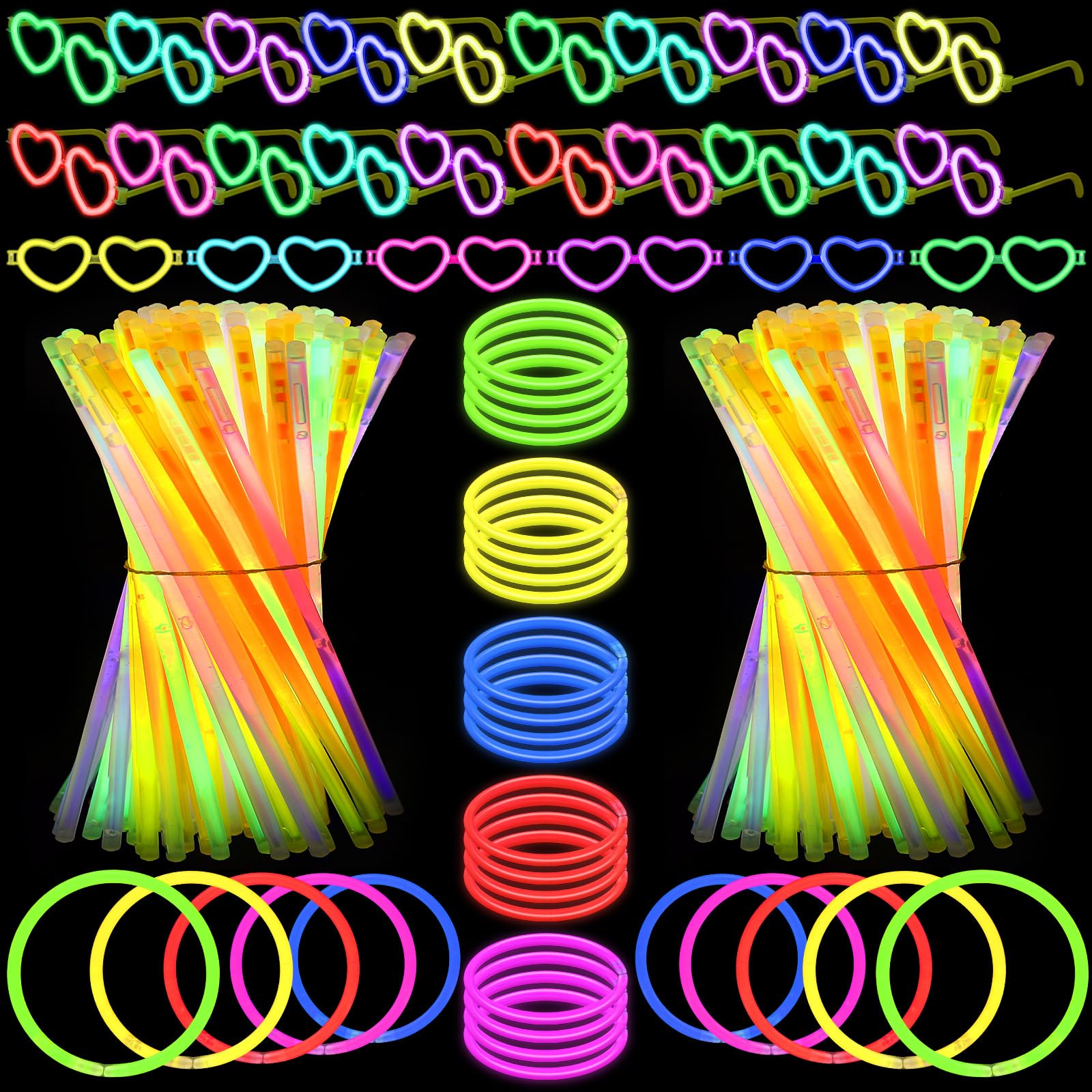 Lenwen 240 Pcs Glow in the Dark Party Supplies Include 200 Pcs 8 Inch Glow Sticks Bulk with Connectors and 40 Pcs Heart Shaped Glow Glasses, Light up Sticks Glow Stick Glasses for Kids Birthday Favors