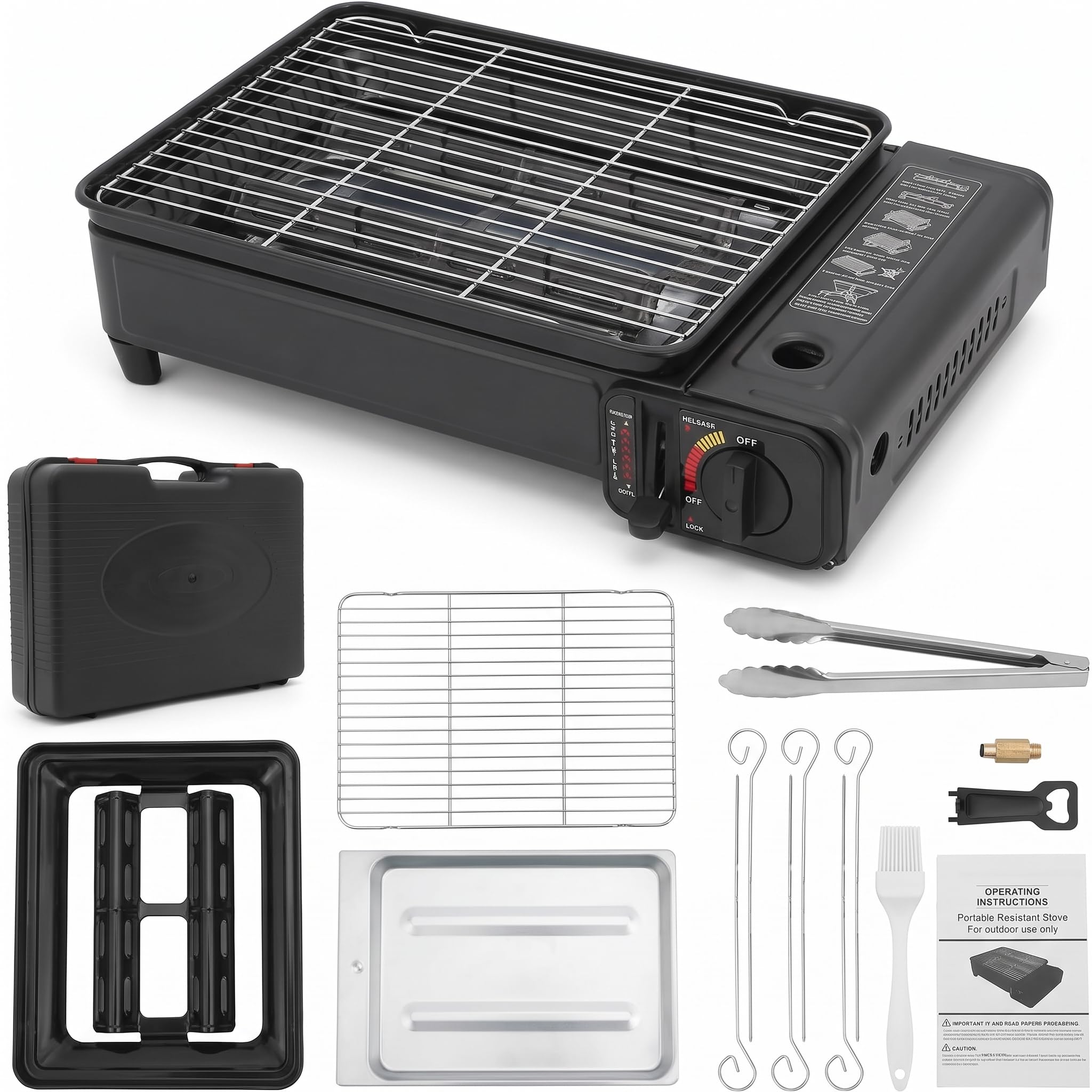 Barbecue a gas da campeggio da 2,2 kW, con valigetta e accessori | calore da 2,2 kW, fiamma regolabile e valigetta per facilitare la grigliata in campeggio, picnic, balcone e gite