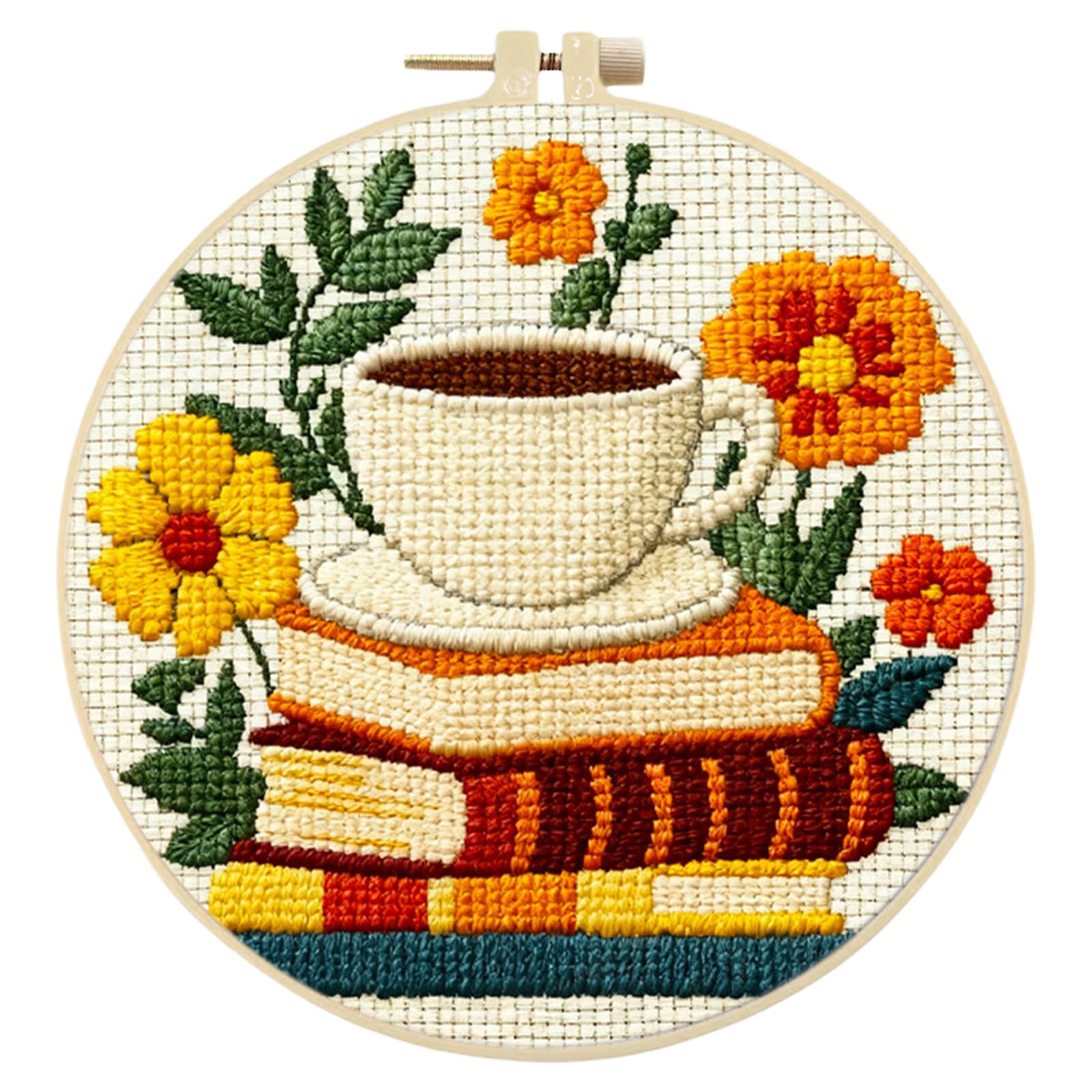 Poetrydraw Coffee And Books 11Ct 3 Strands Diy Stamped Embroidery Stitches Practice Kit With Embroidery Hoop Complete Needlework Craft Kit 24X24cm For Beginners Adults Craft Lover (Coffee And Books)