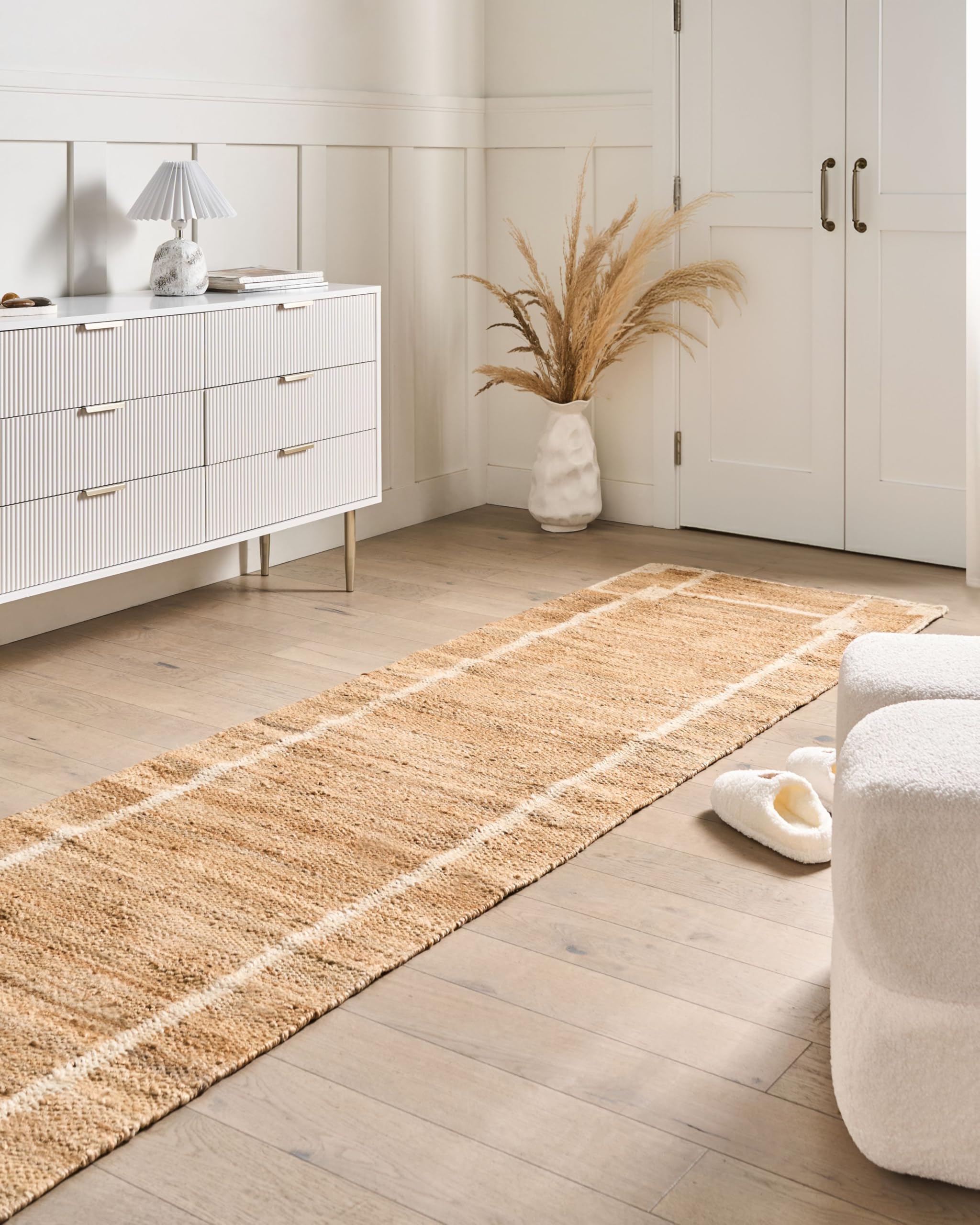 Chodnik z juty prostokątny z wzorem 80 x 300 cm pleciony rustykalny salon sypialnia jasnobeżowy Gondia