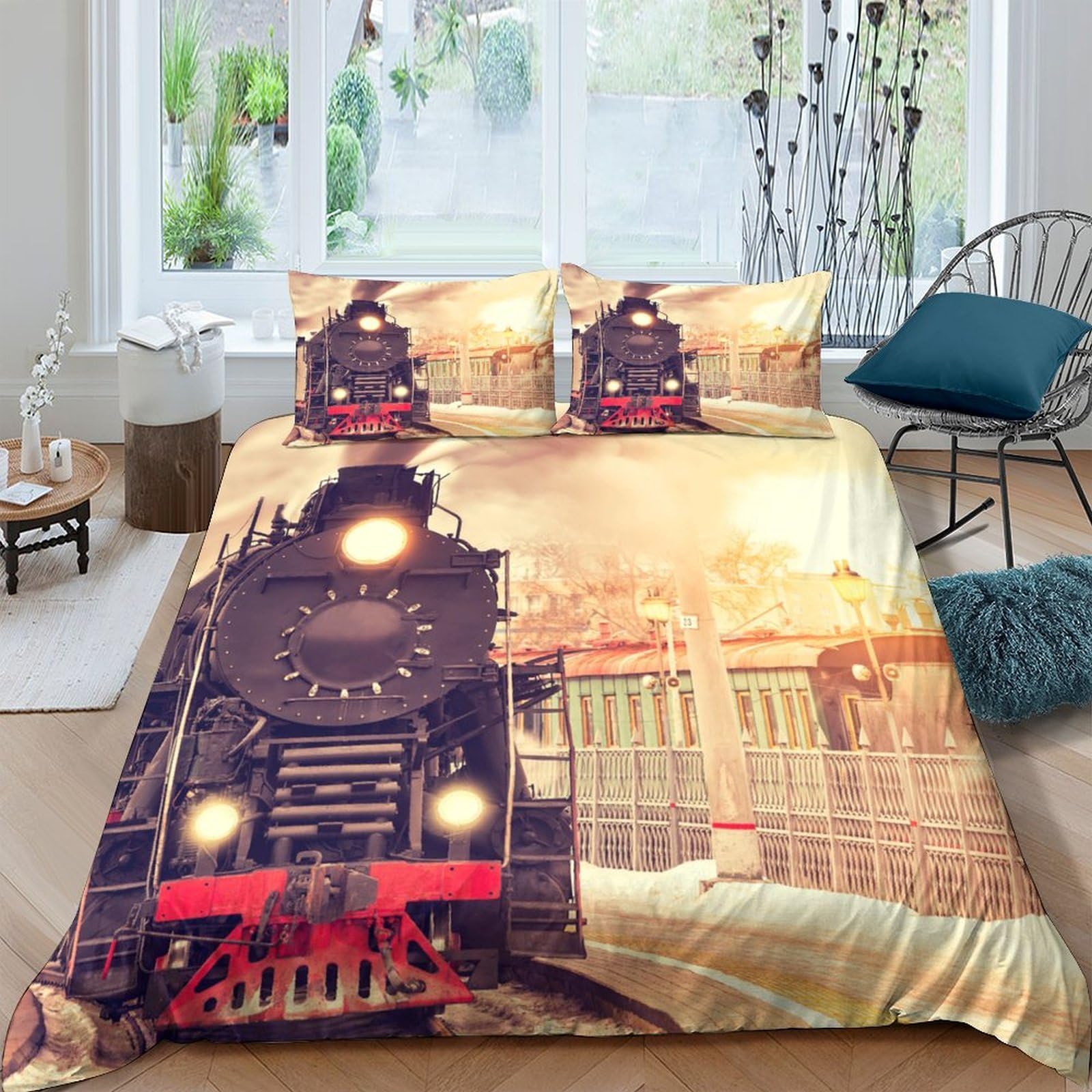Ctjqhvkz Style-7 3D Printed Vintage Steam Train Fitted Sheet Microfiber Non Slip Bed Cover For Bedroom Guestroom Decor Machine Washable Single（135X200cm）