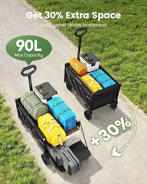AMADA HOMEFURNISHING Wagon Cart Foldable, Collapsible Wagon Cart with 360 LBS Max Load & Expandable Storage, 90L Foldable Grocery Cart with 2 Cup Holders for Outdoor, Groceries, Garden & Camping
