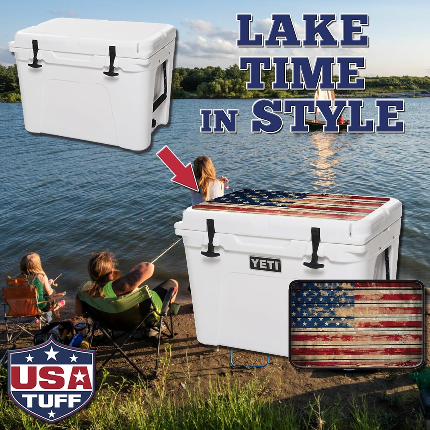 USATuff Vinyl Cooler Lid Kit Compatible with YETI | Easy Peel & Stick Application Cooler Skin Decal Wrap | Durable Pre-Cut Pieces | Made for Outdoor Use - Old Glory Flag Design