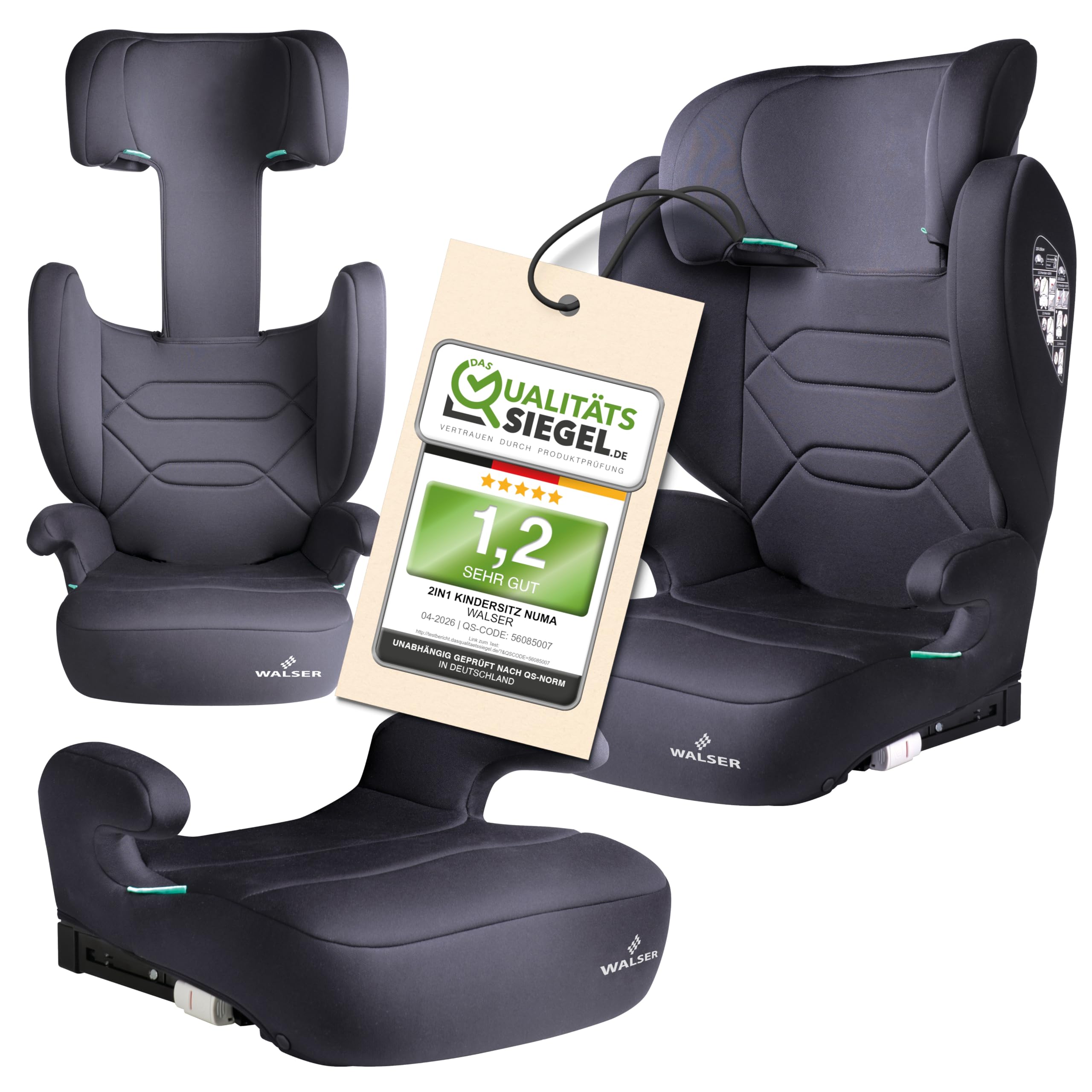 WALSER Premium Kindersitz Auto Numa 2in1 ISOFIX Kinder Sitzerhöhung abnehmbare Rückenlehne mitwachsende Kopfstütze 3-8 Jahre 100-150 cm ECE R 129 anthrazit