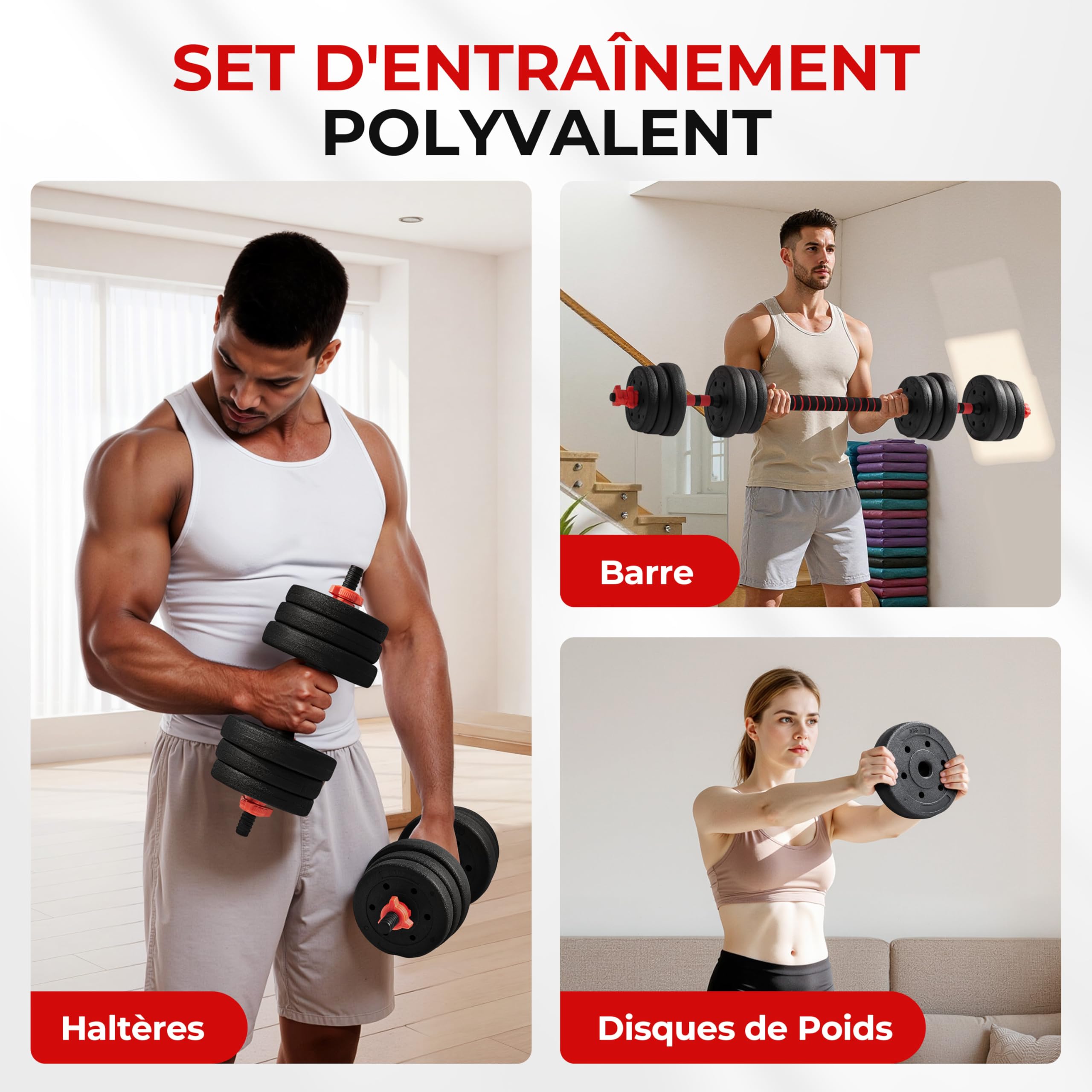 Yaheetech Kit Haltères Musculation 2 en 1 Poids 20 Kg, Haltères Réglables avec Barre et 12 Disques, Colliers à Double Verrouillage, Équipement de Musculation à la Maison, Noir
